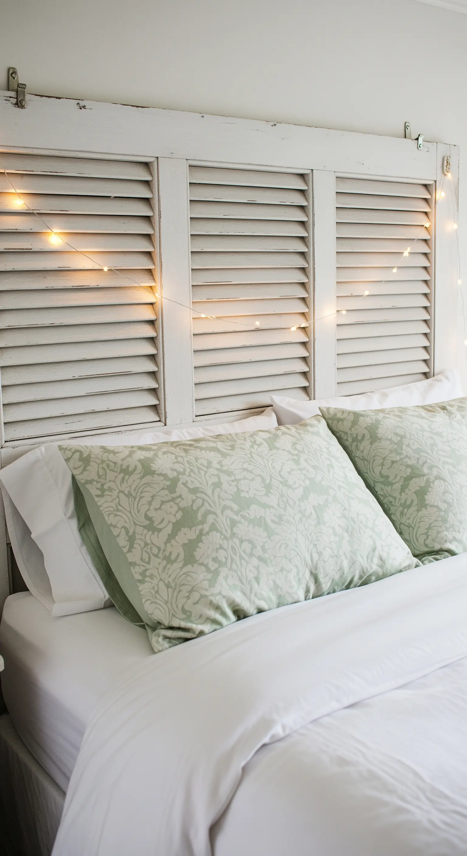 Testiera creata con persiane in legno bianco, decorate con una fila di lucine calde.