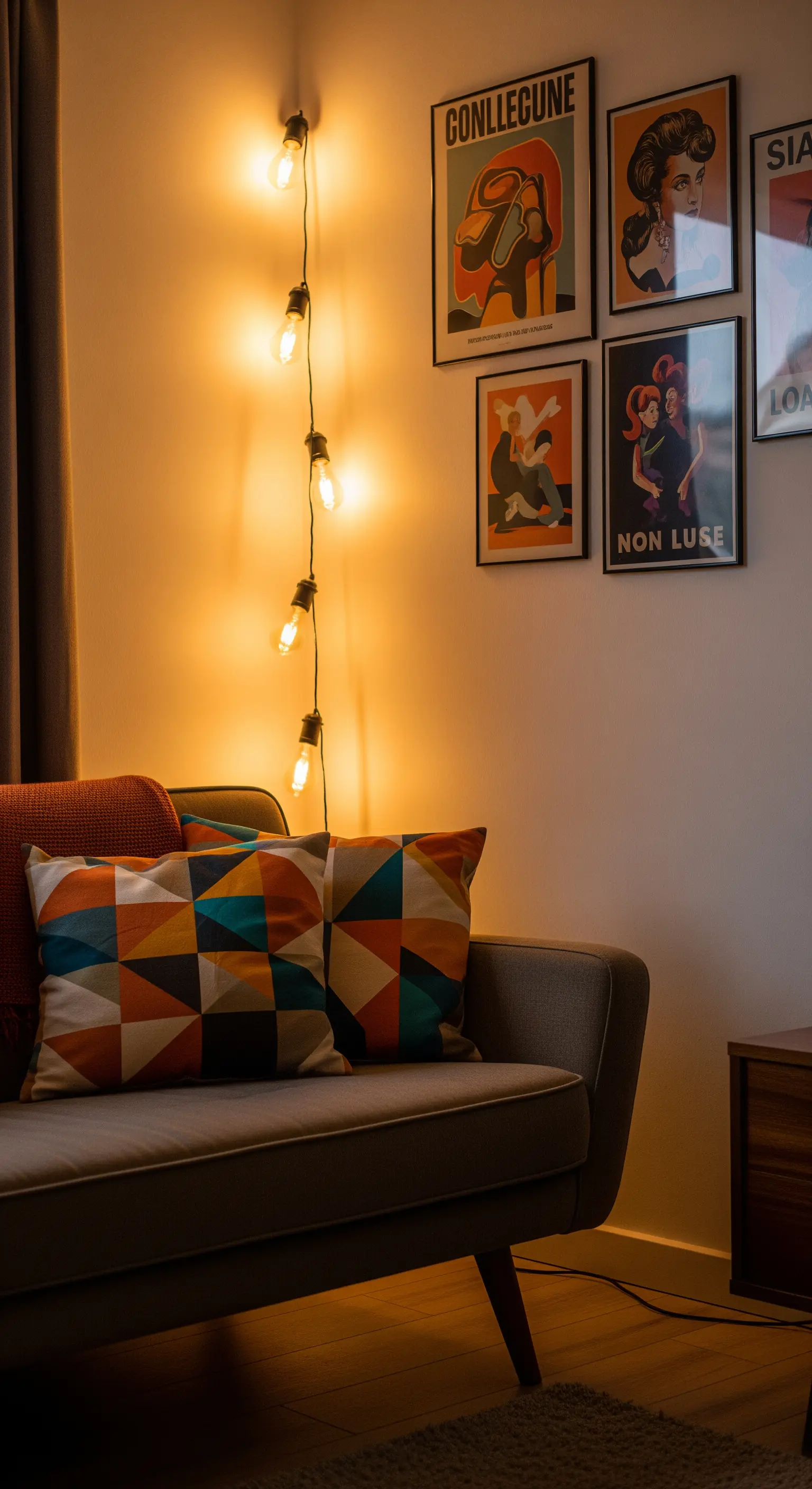 Stringa di lampadine a filamento che pende accanto a una galleria di poster incorniciati.