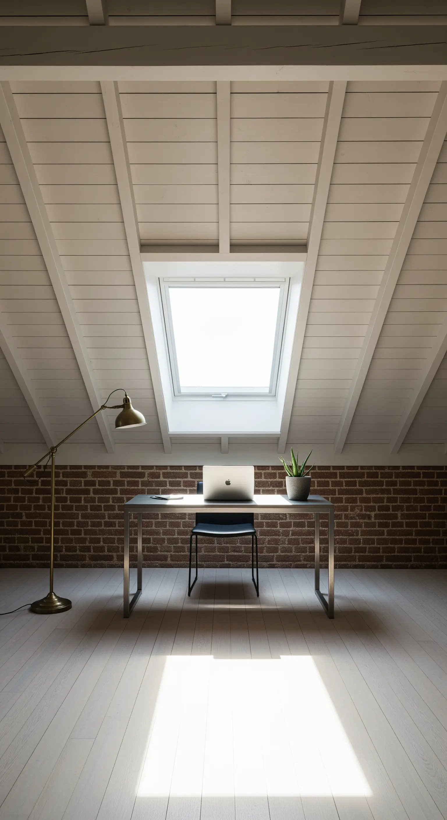 Ufficio minimale in mansarda con lucernario, soffitto bianco e parete di mattoni.
