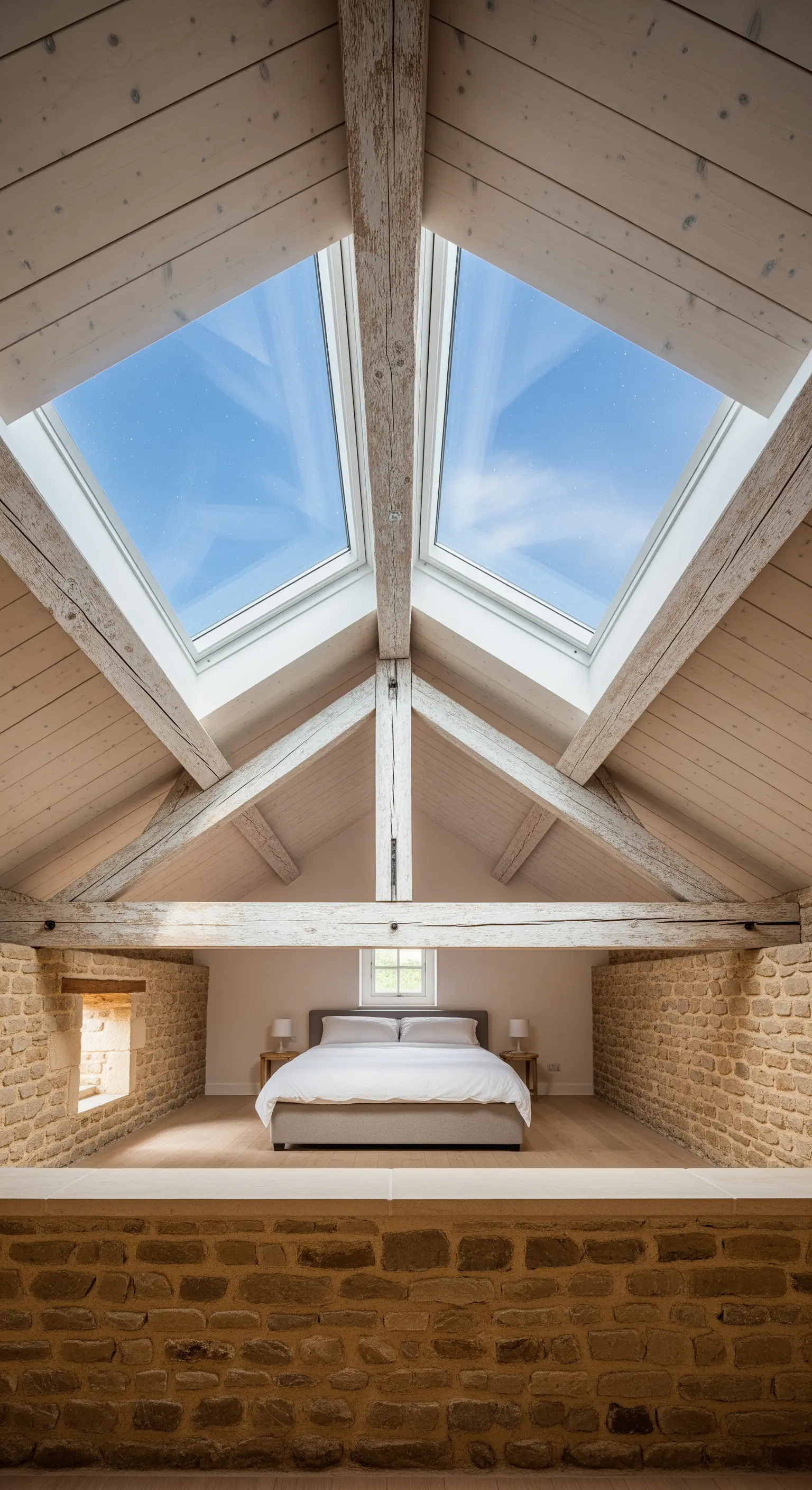Camera da letto in un sottotetto con grandi lucernari sopra il letto e pareti in pietra.