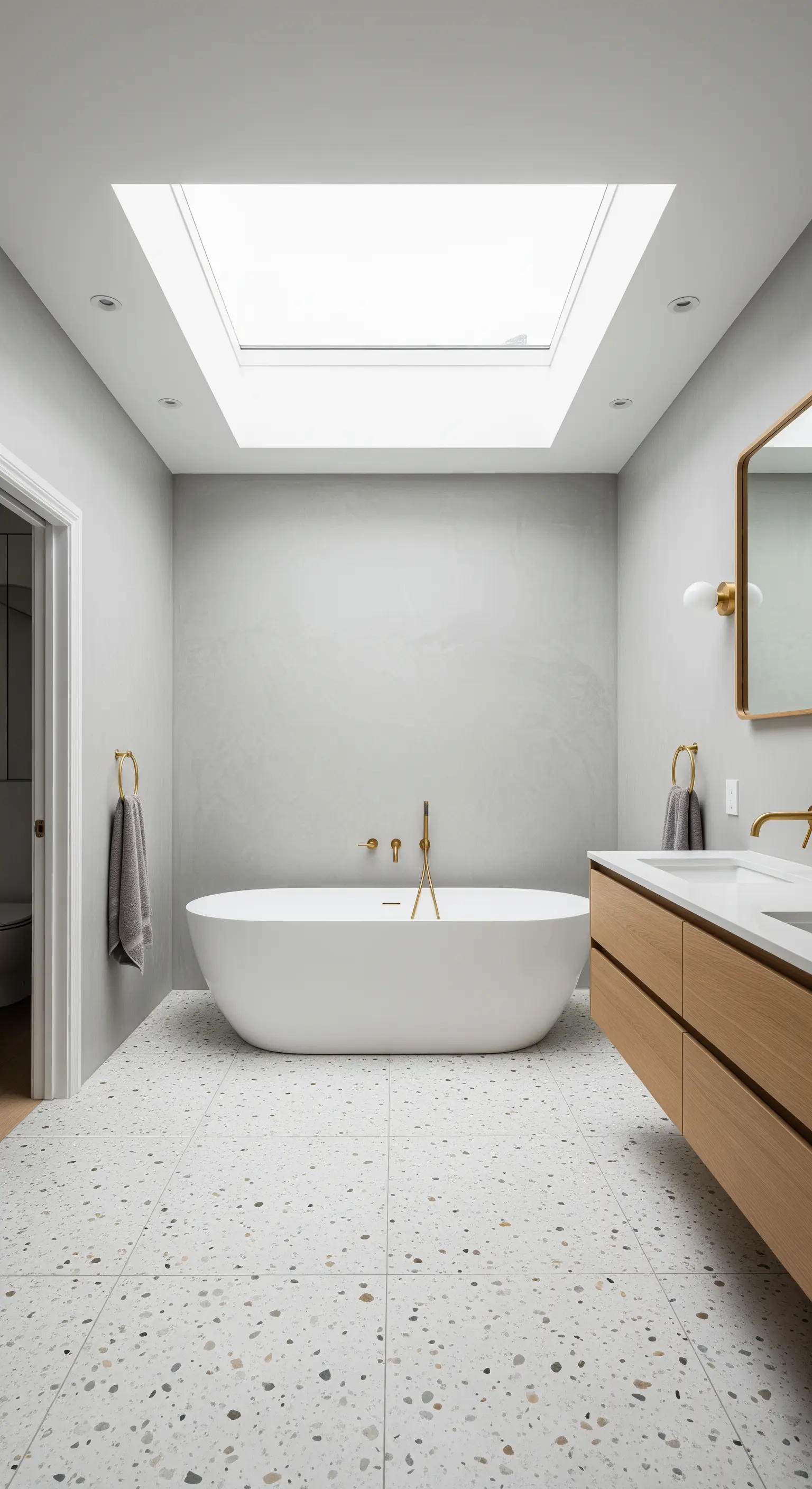 Bagno minimalista con lucernario sopra la vasca, pavimento in terrazzo e mobile in legno.