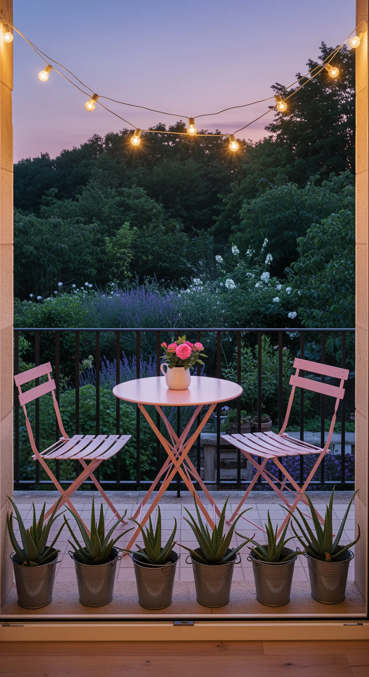 Balcone rosa con tavolo e sedie, illuminato da una catena di luci calde al crepuscolo.