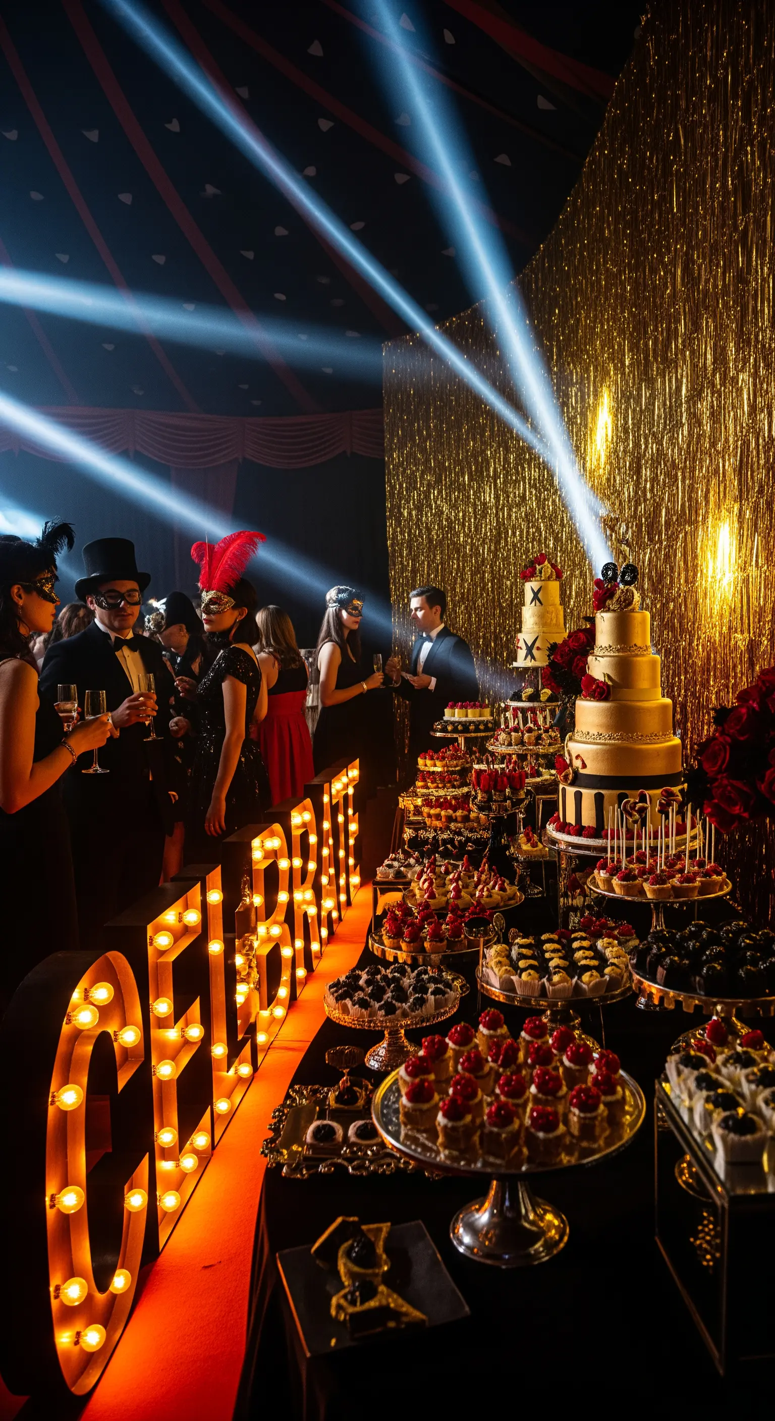 Buffet di dolci illuminato da una grande scritta luminosa