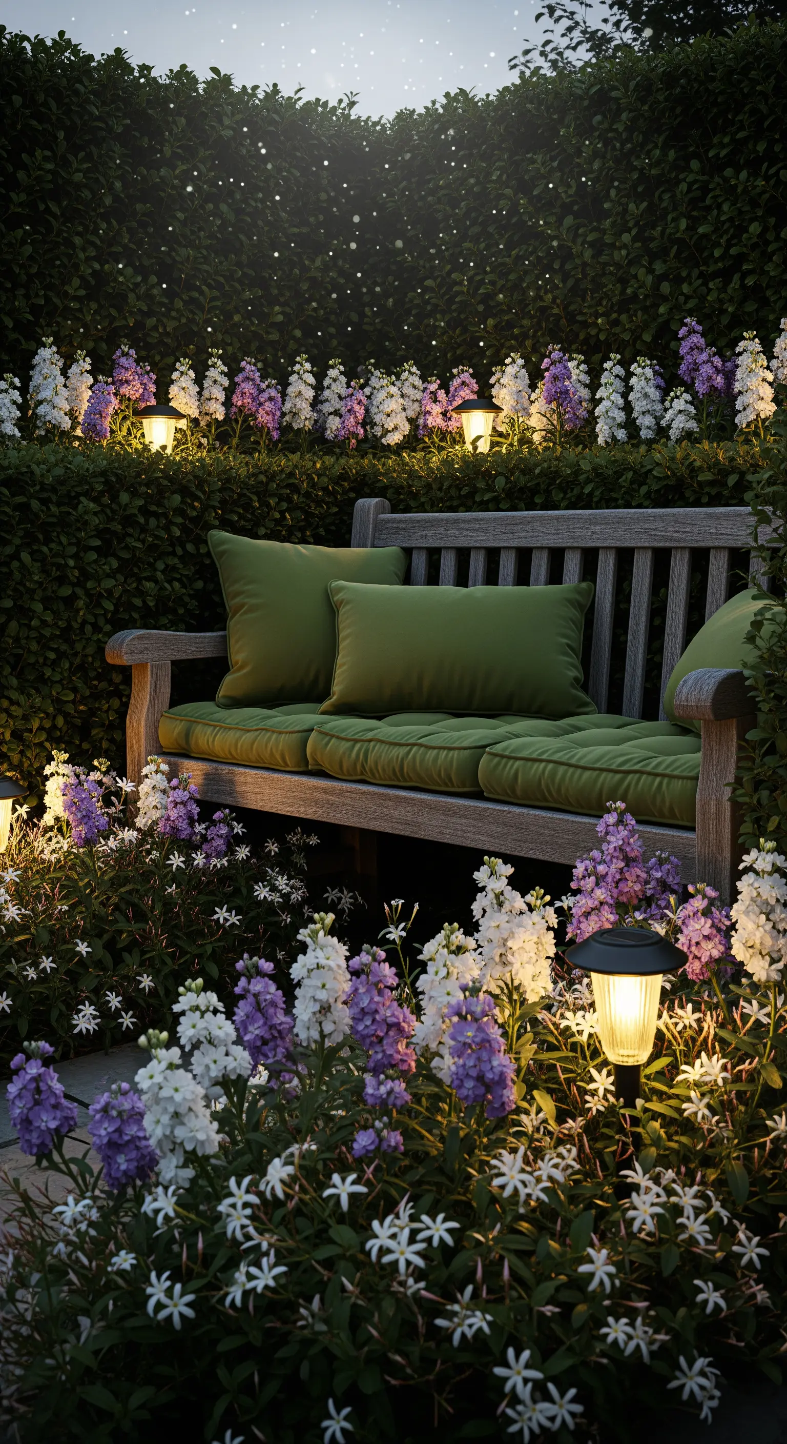 Panchina in legno con cuscini verdi di notte, circondata da fiori e illuminata da piccole luci solari.