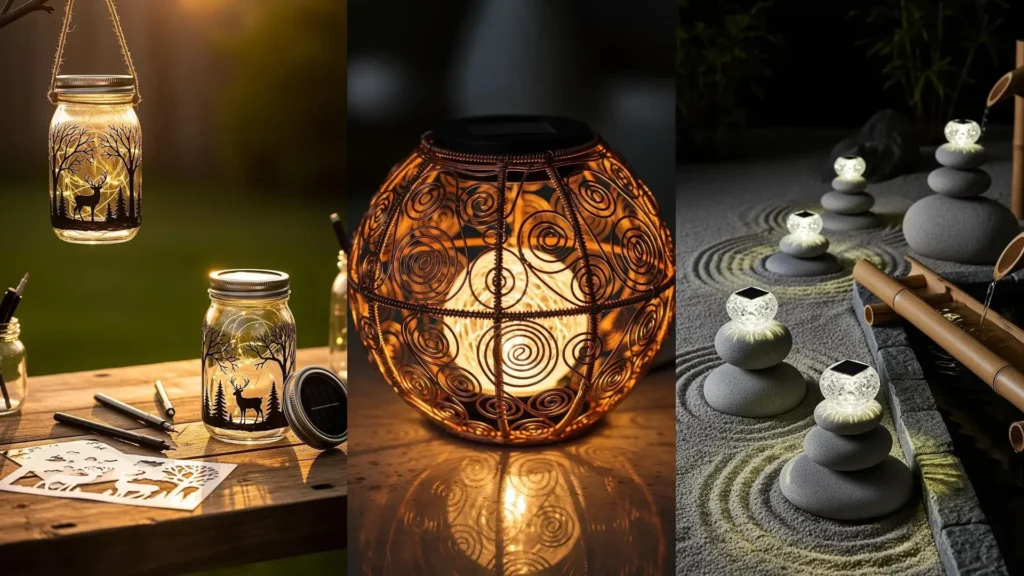 Luci solari personalizzate fai da te per giardino: vasetti decorati, lanterna artistica e illuminazione zen tra le pietre.