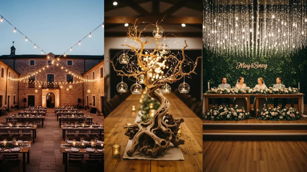 Ricevimento country chic con lucine sospese, tavoli in legno grezzo e decorazioni floreali. Atmosfera romantica.