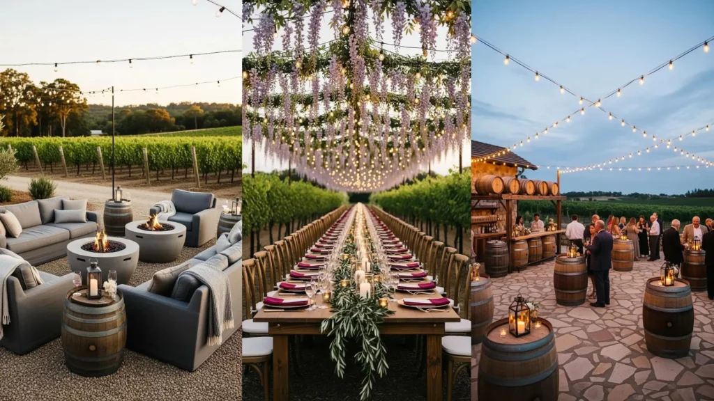 Elegante matrimonio in vigneto: lucine tra i filari, botti di vino, un lungo tavolo fiorito e lounge area con falò.