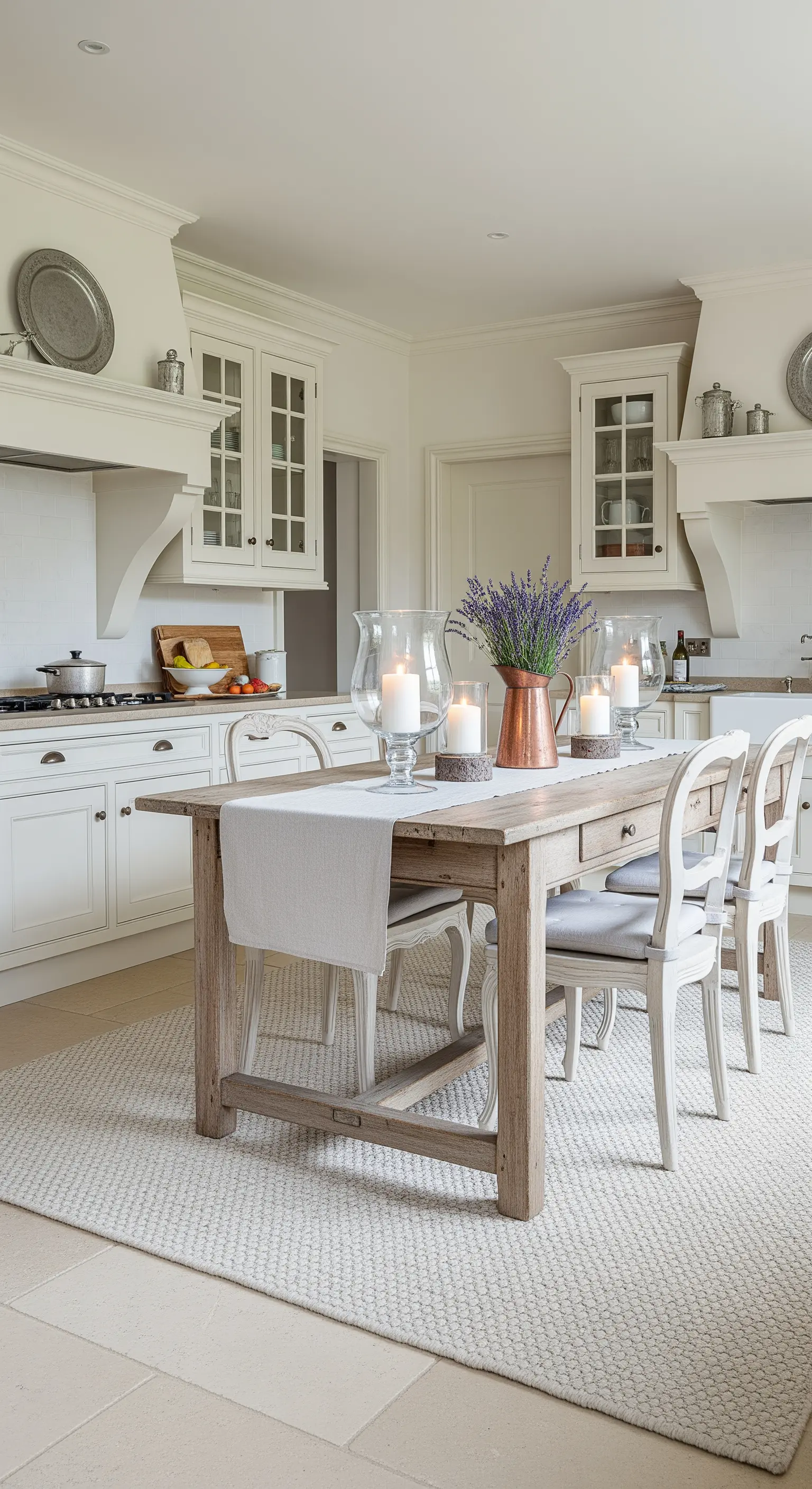 Cucina bianca in stile provenzale con tavolo in legno chiaro e tappeto color avorio a trama fitta.