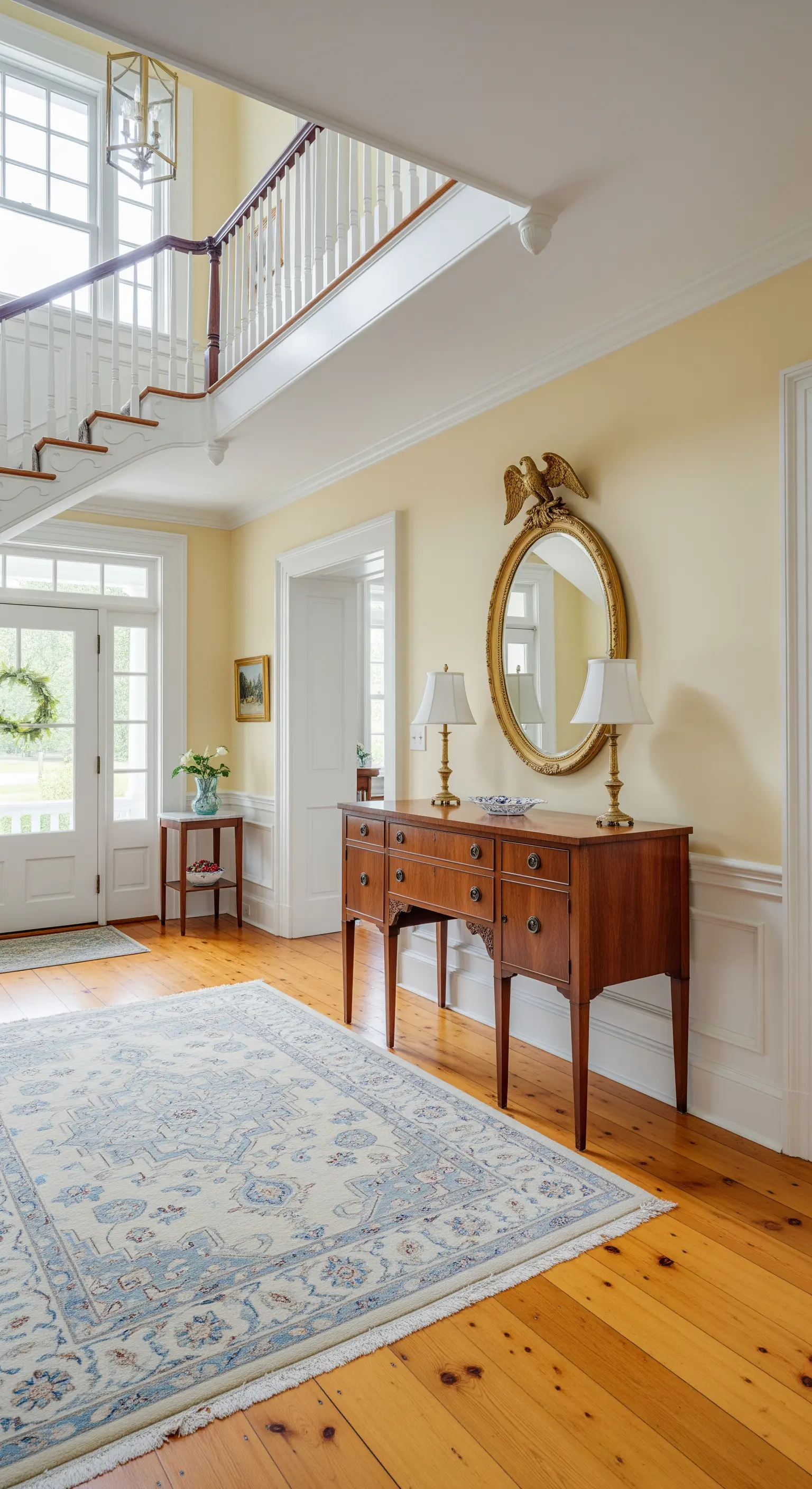 Ingresso in stile coloniale con pareti gialle, sideboard in legno e specchio con aquila.