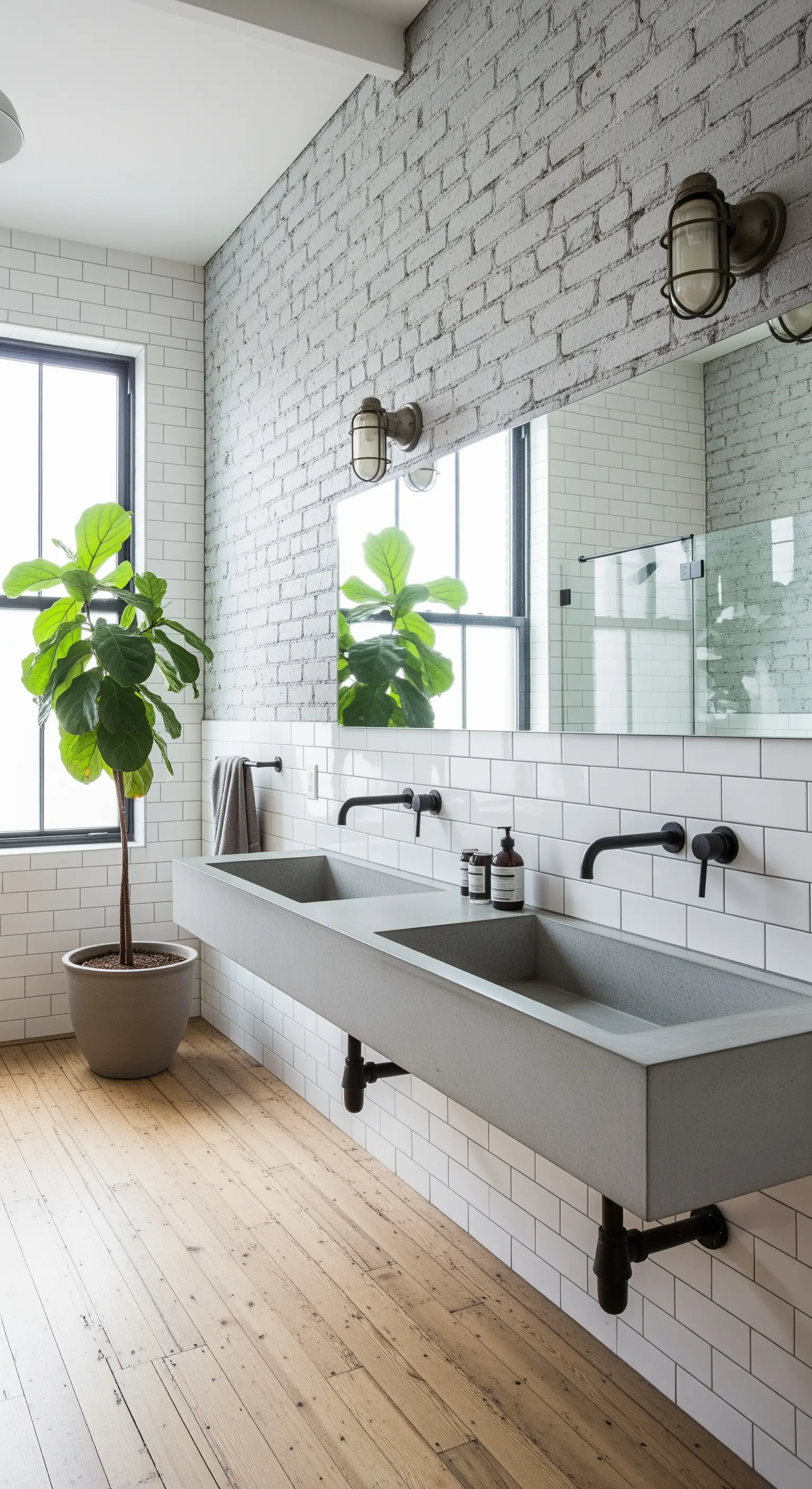 Bagno luminoso con mattoni bianchi, doppio lavabo in cemento e pavimento in legno chiaro.