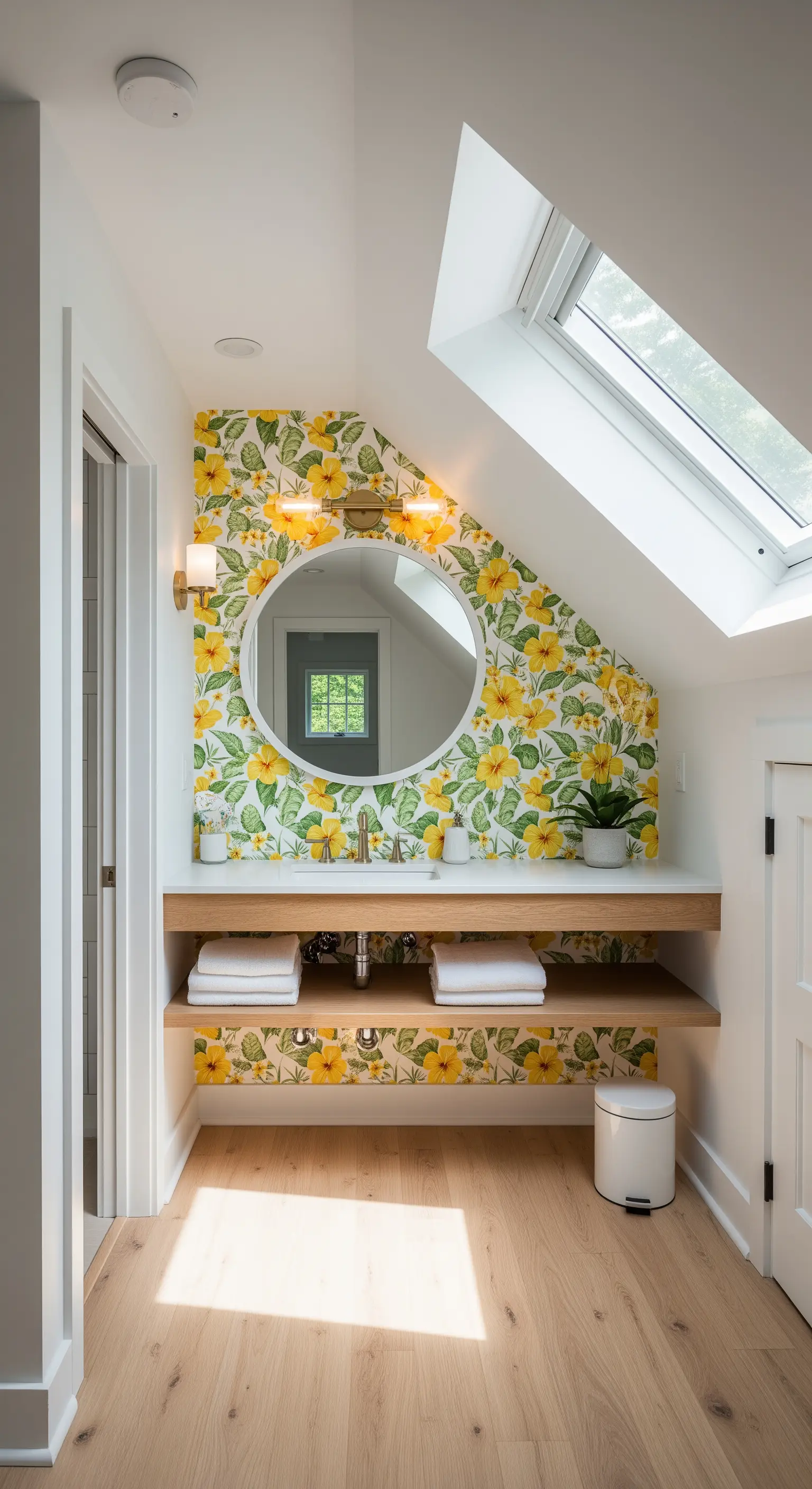Bagno in mansarda con carta da parati a fiori gialli e lungo ripiano in legno chiaro.