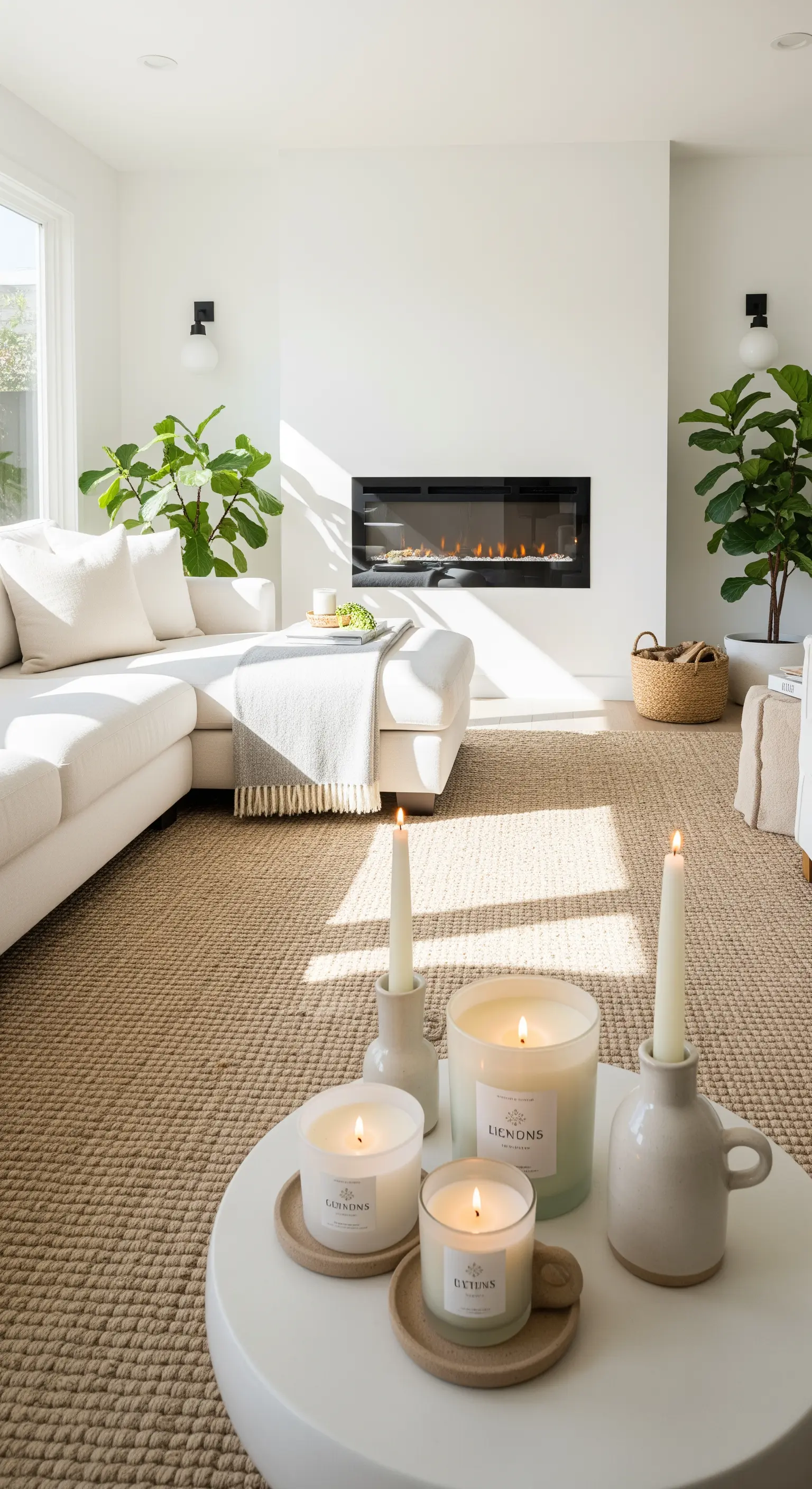 Soggiorno moderno e luminoso con divano bianco, tappeto in juta e piante.