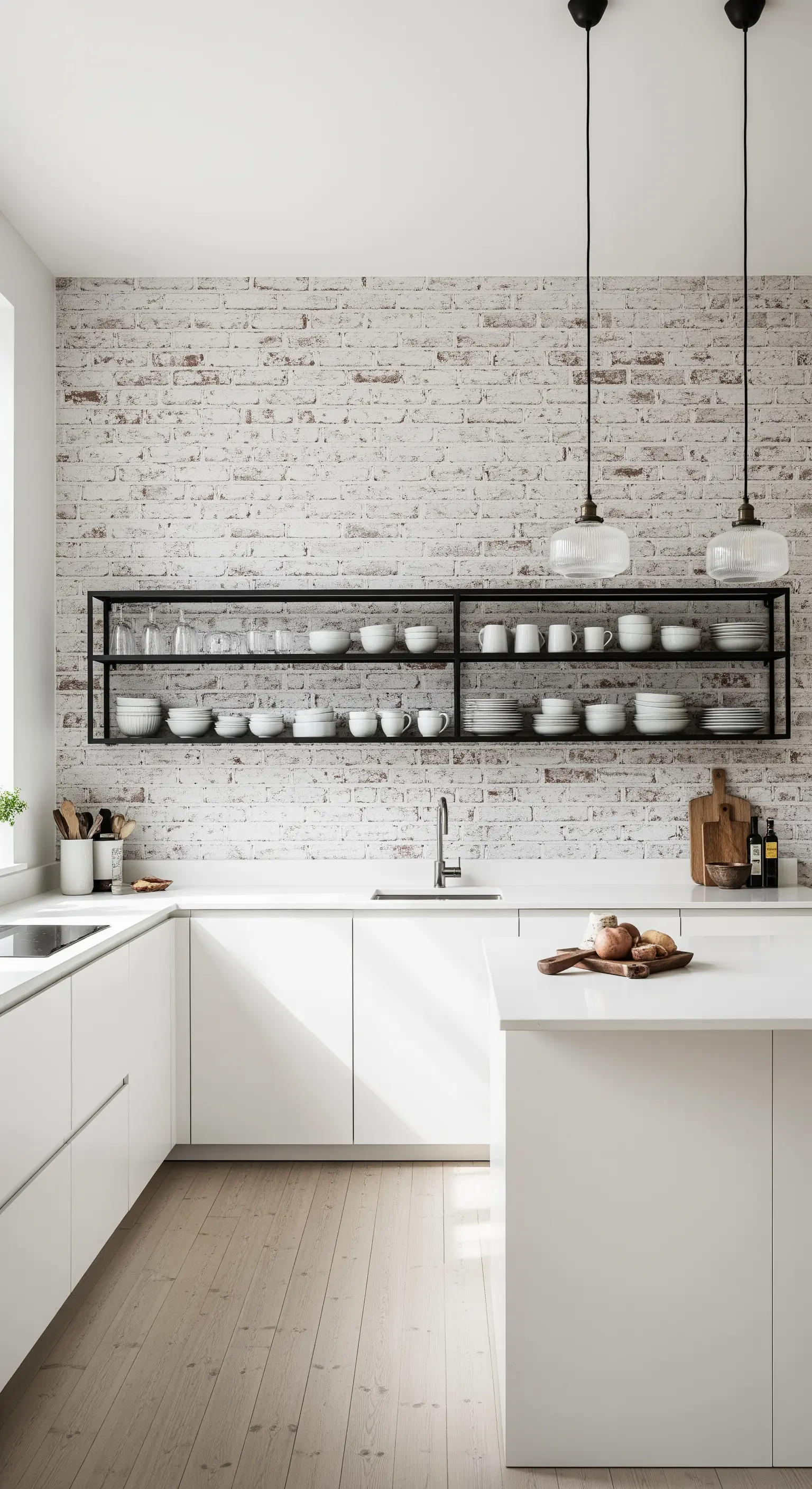 Cucina bianca minimalista con parete in mattoni sbiancati e mensole nere sottili.