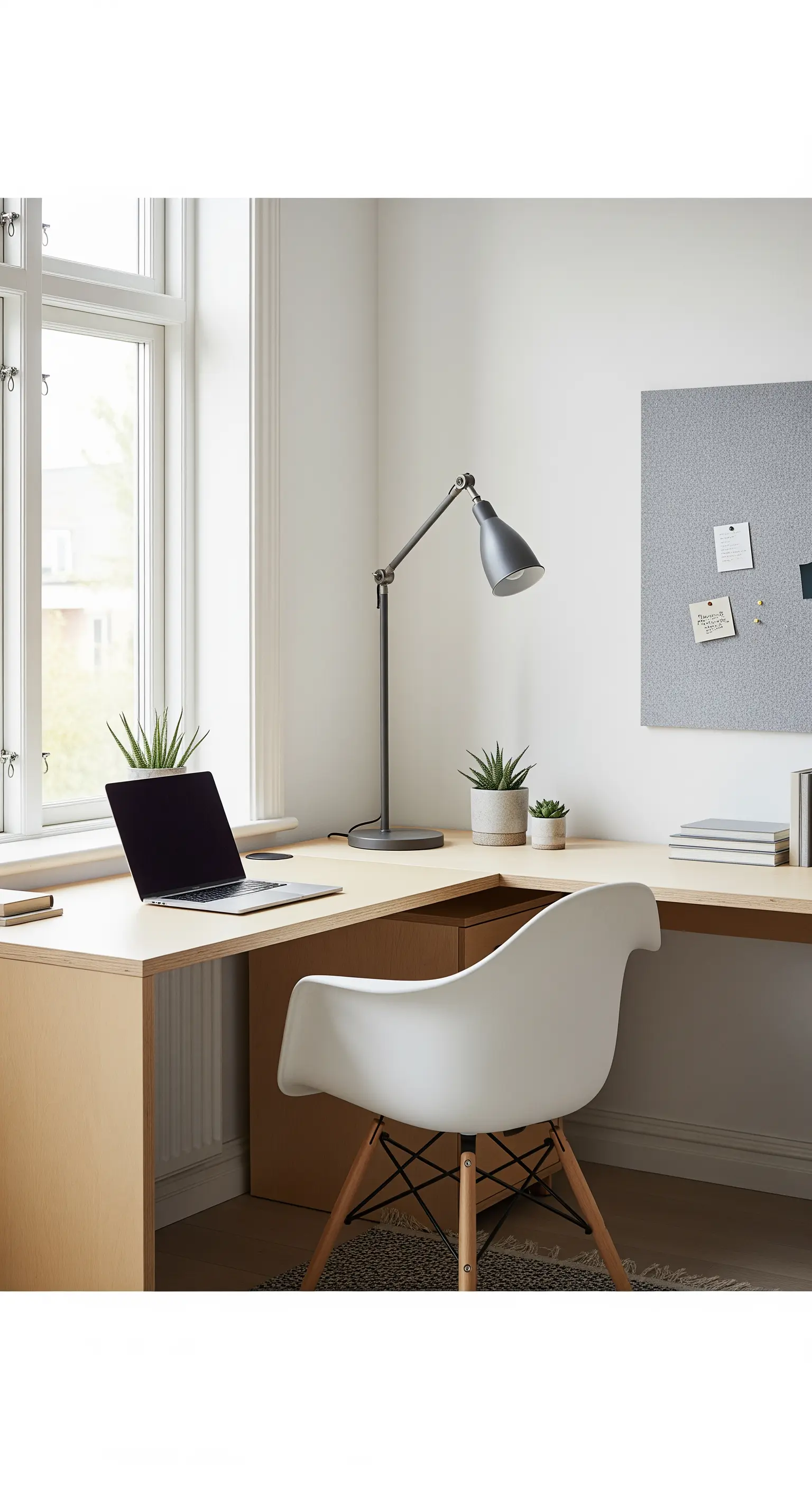 Scrivania a L in legno chiaro vicino a una finestra, con sedia bianca di design.