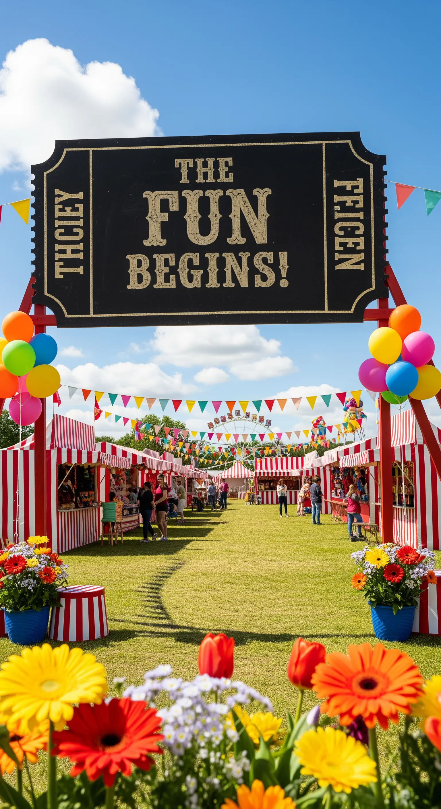 Festa all'aperto a tema luna park con stand a righe, bandierine e fiori colorati.