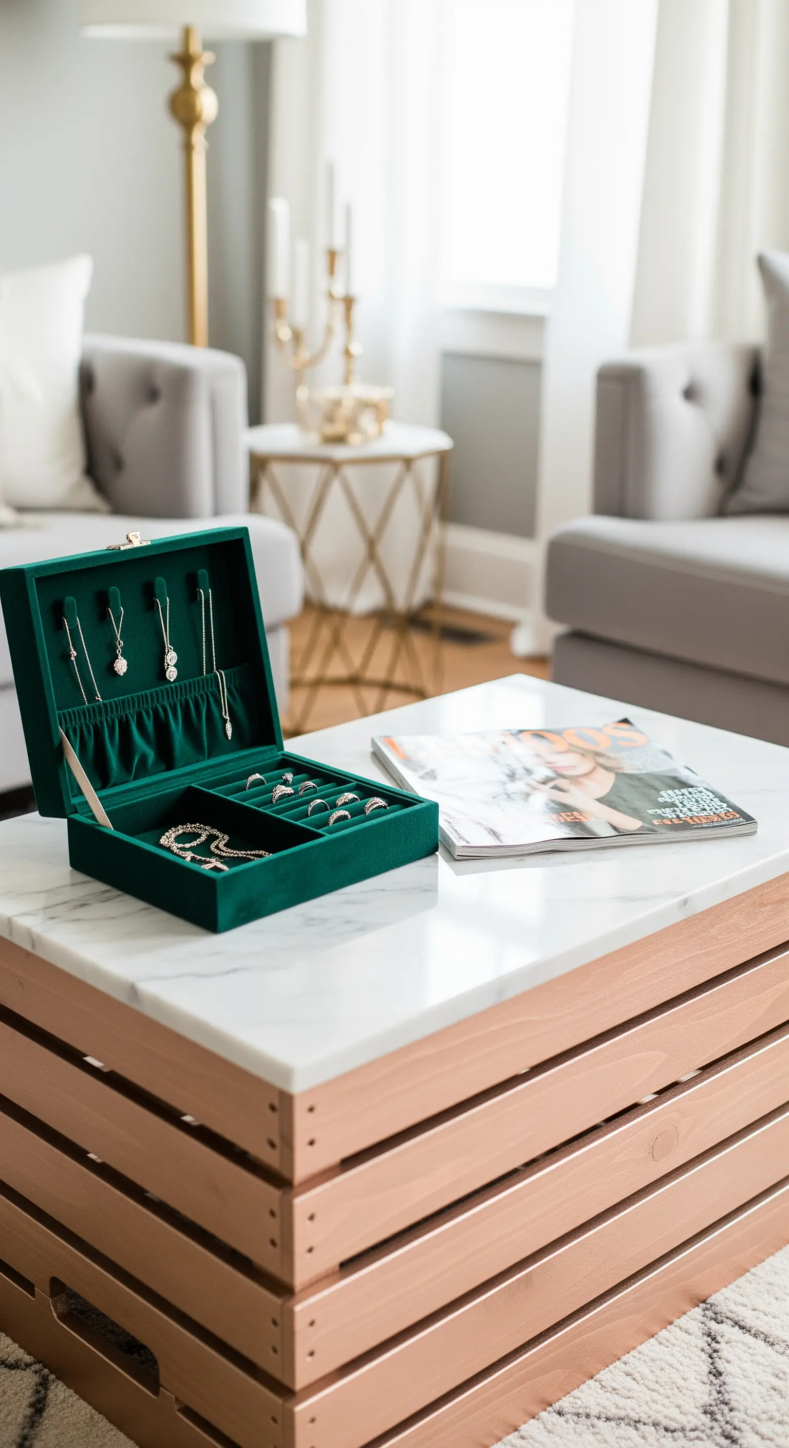 Tavolino basso con base in cassette color oro rosa e piano in marmo bianco.