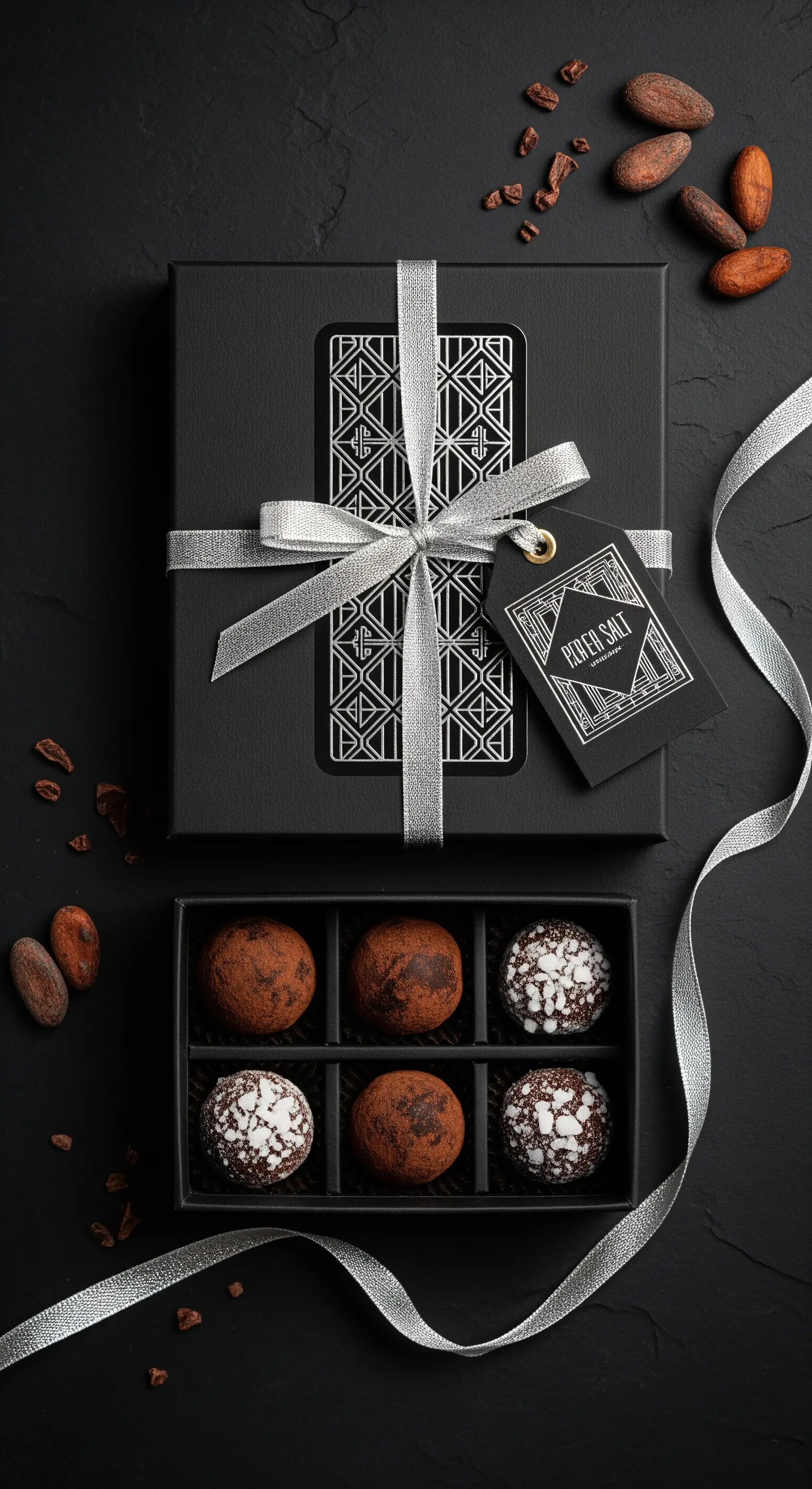 Tartufi al cioccolato in una scatola nera con nastro argentato e un tag geometrico.