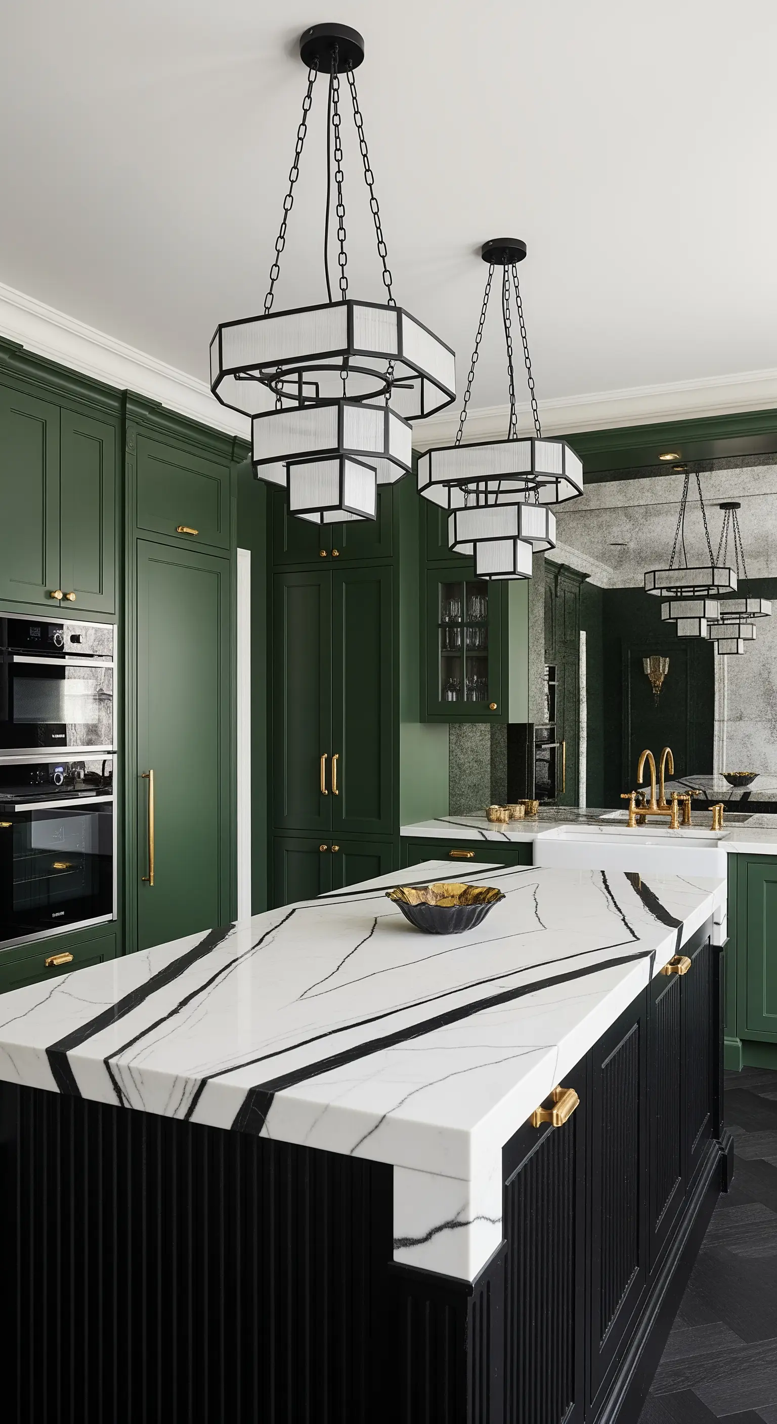 Cucina verde scuro con isola in marmo e nero, e lampadari geometrici in stile Art Déco.