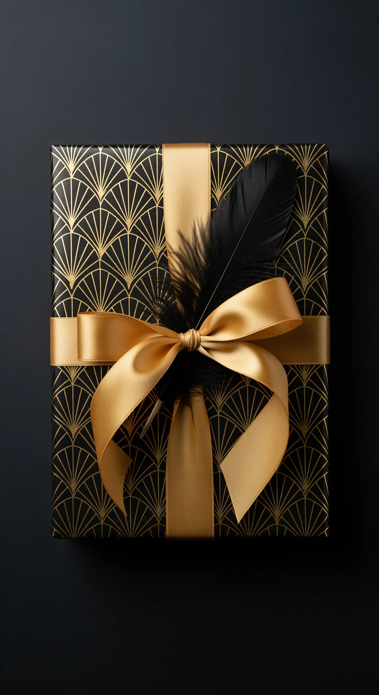Regalo con carta Art Déco nera e oro, nastro dorato e una piuma nera decorativa.