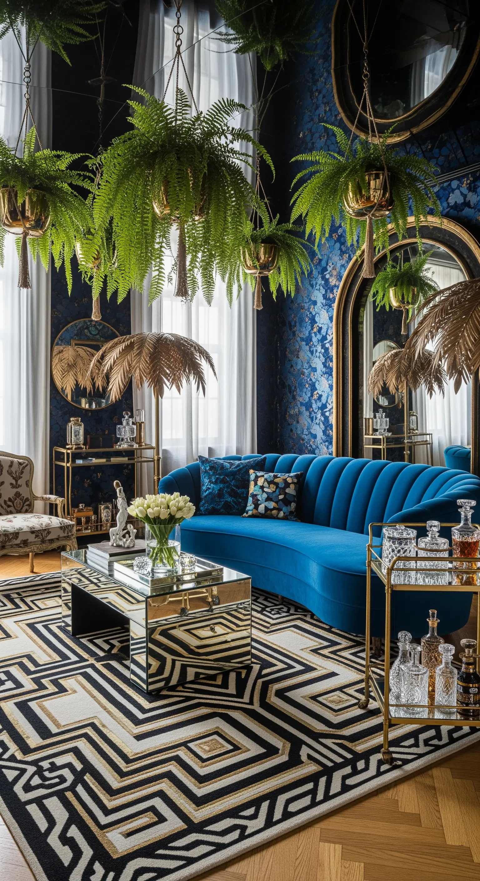 Salotto Art Déco con divano blu in velluto, dettagli dorati e felci lussureggianti sospese.