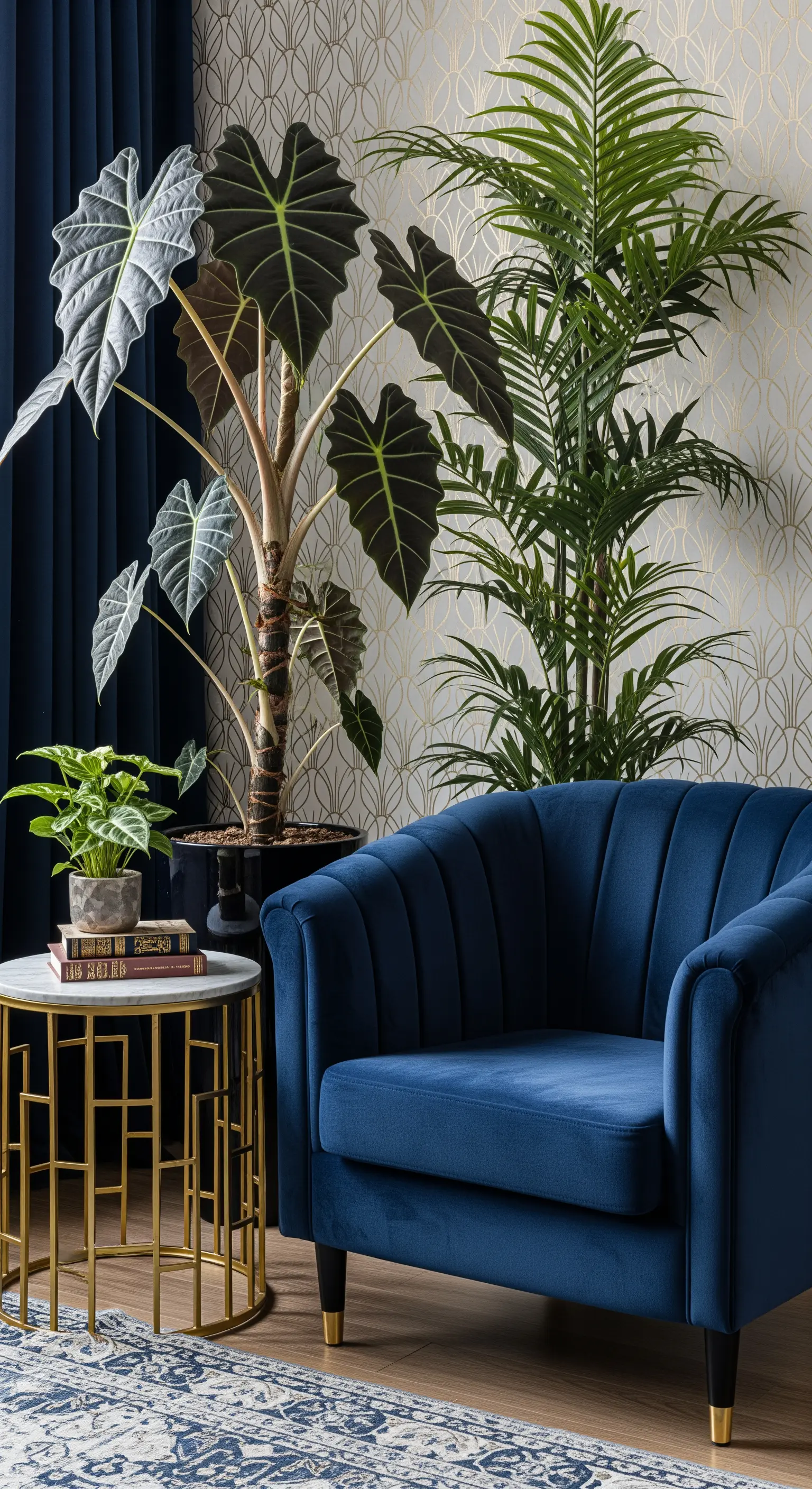 Poltrona in velluto blu accanto a un tavolino dorato e piante esotiche, con carta da parati Art Déco.