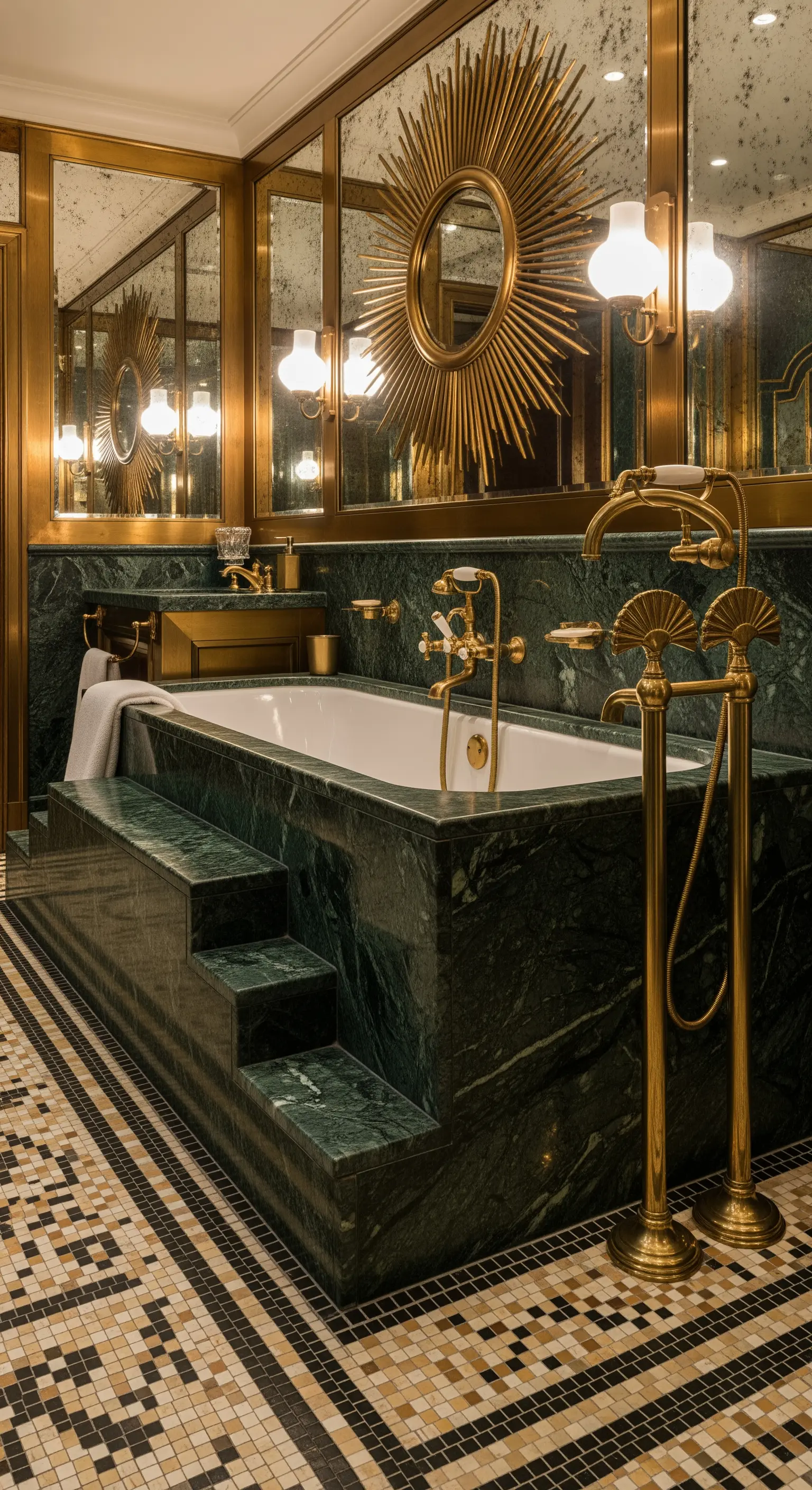 Bagno Art Déco con vasca in marmo verde, specchi e dettagli in ottone dorato.