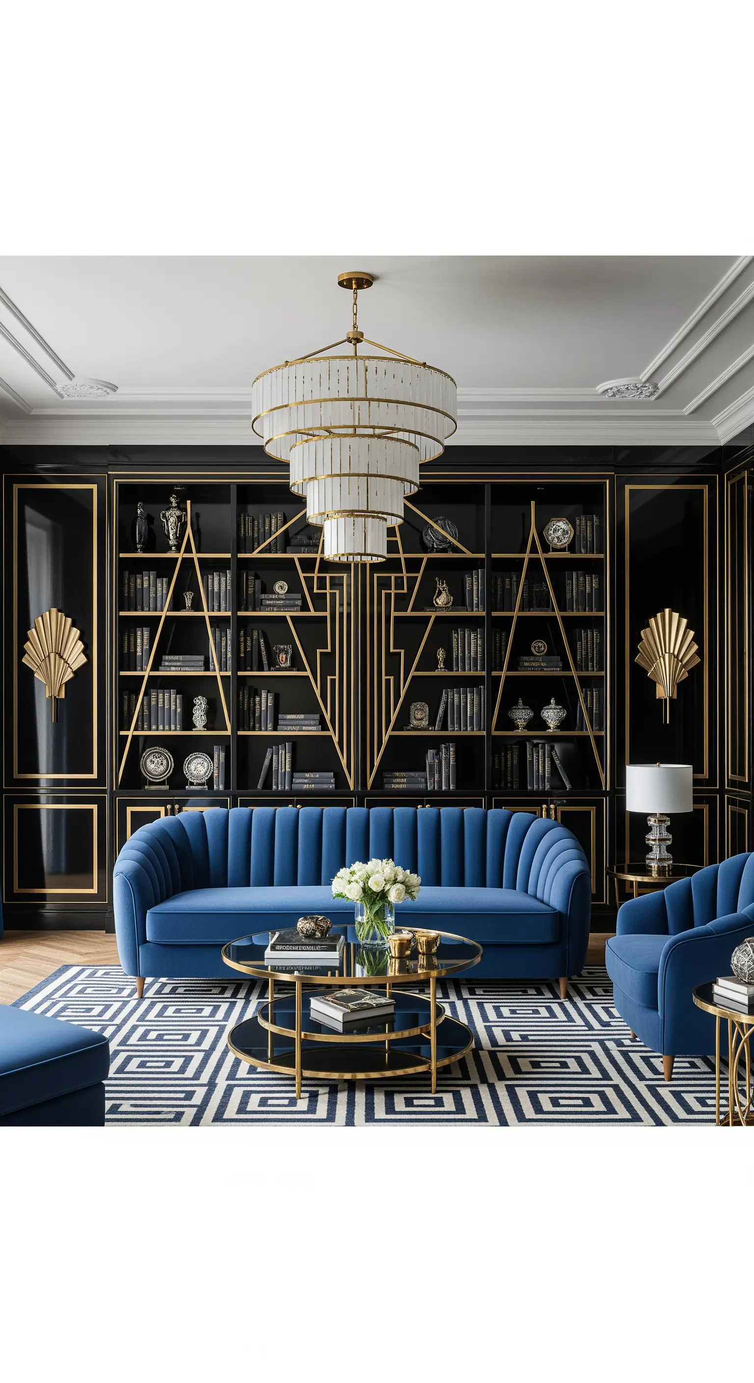 Salotto Art Déco con libreria nera laccata, dettagli oro e divano in velluto blu.