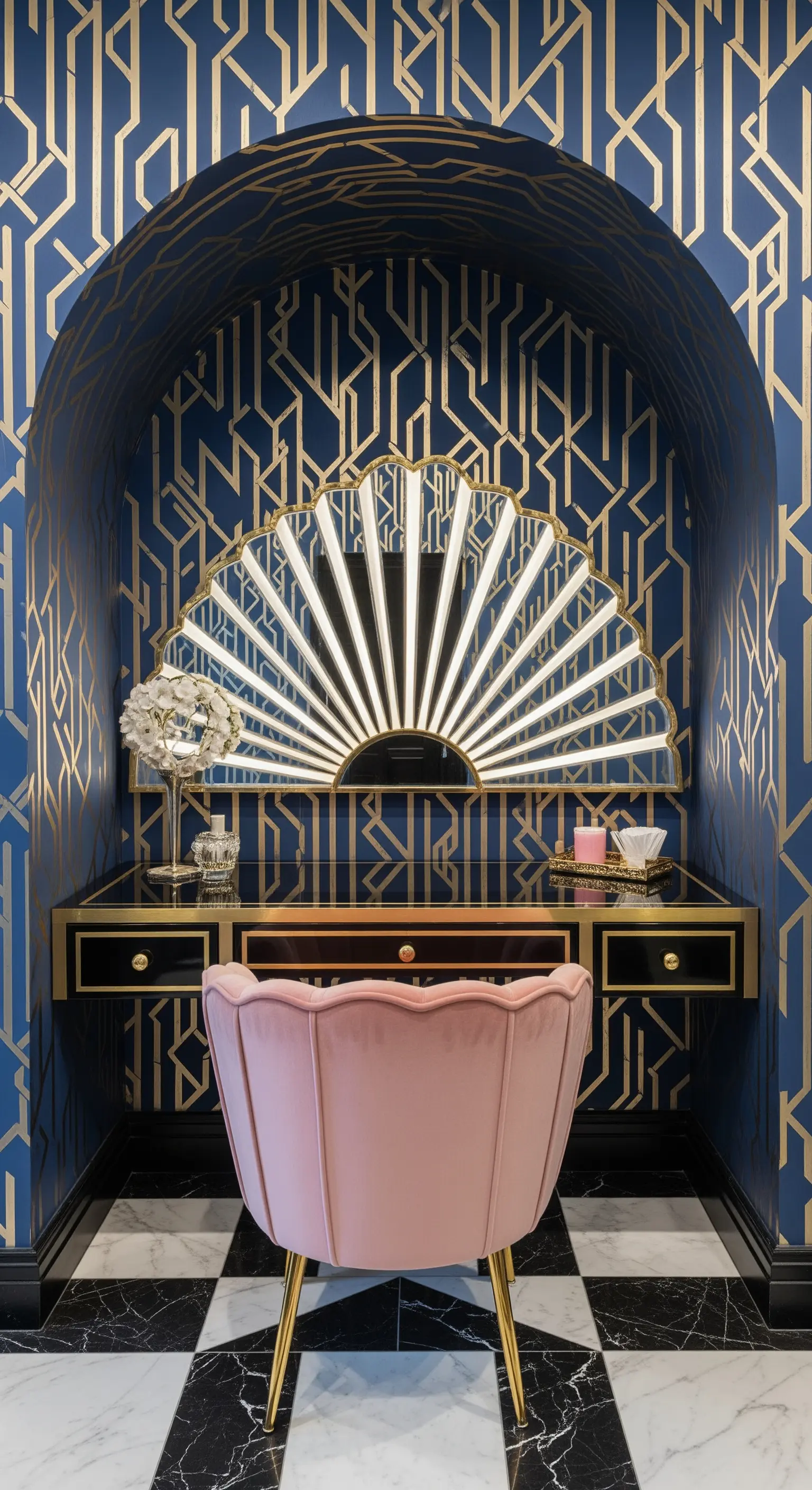 Nicchia Art Déco con carta da parati blu e oro e specchio a ventaglio illuminato.