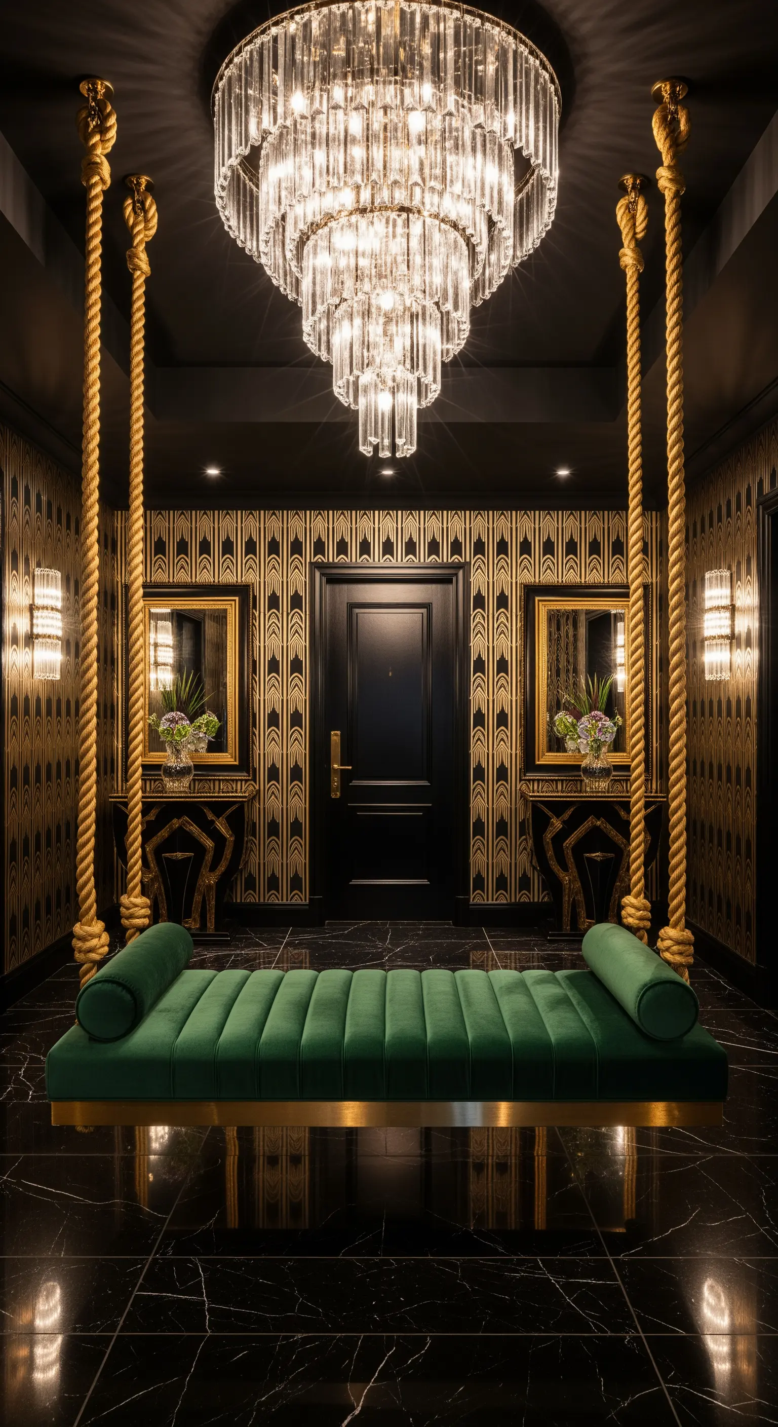 Divanetto sospeso in velluto verde con corde dorate e lampadario di cristallo.