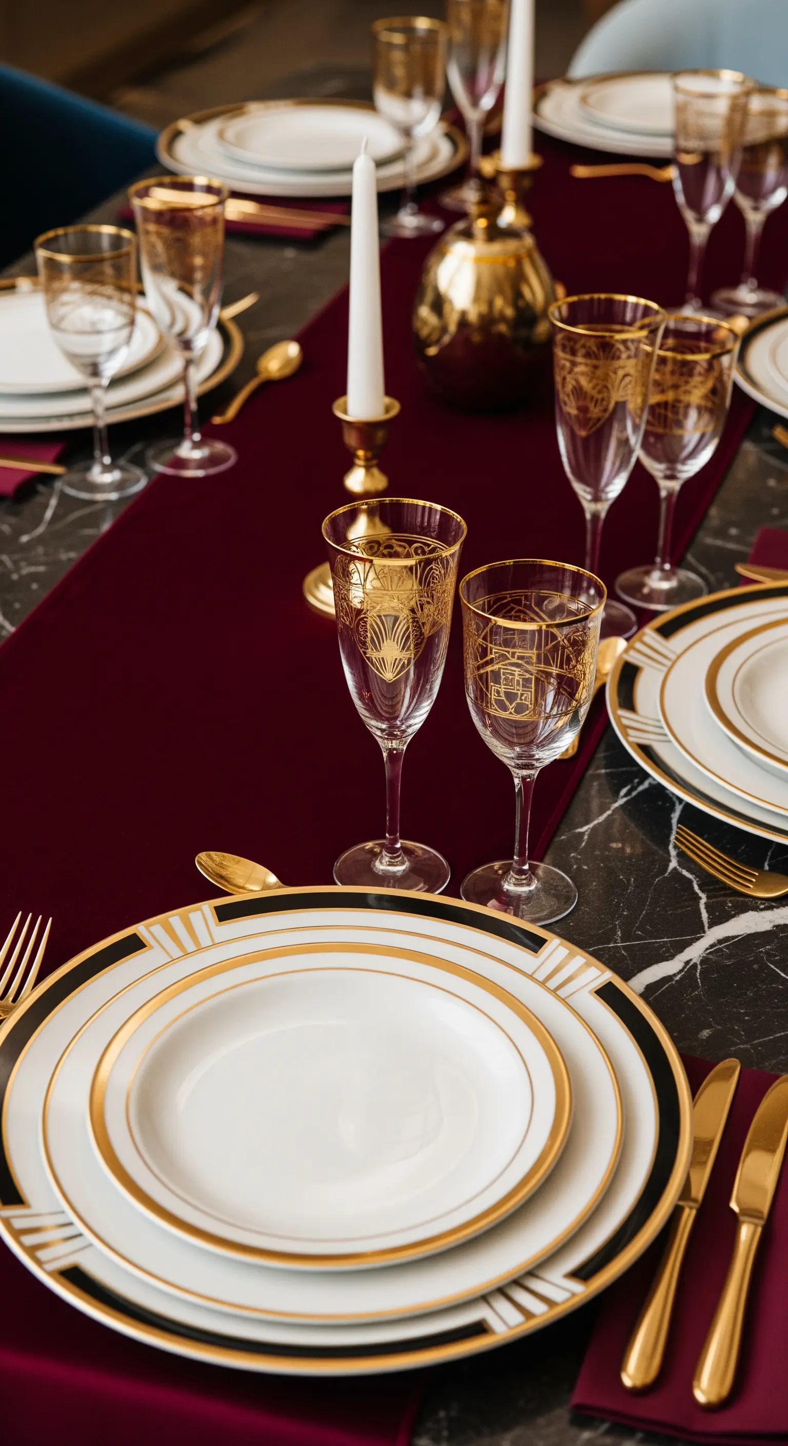 Tavola elegante con runner bordeaux, piatti bordati d'oro e calici con decorazioni dorate