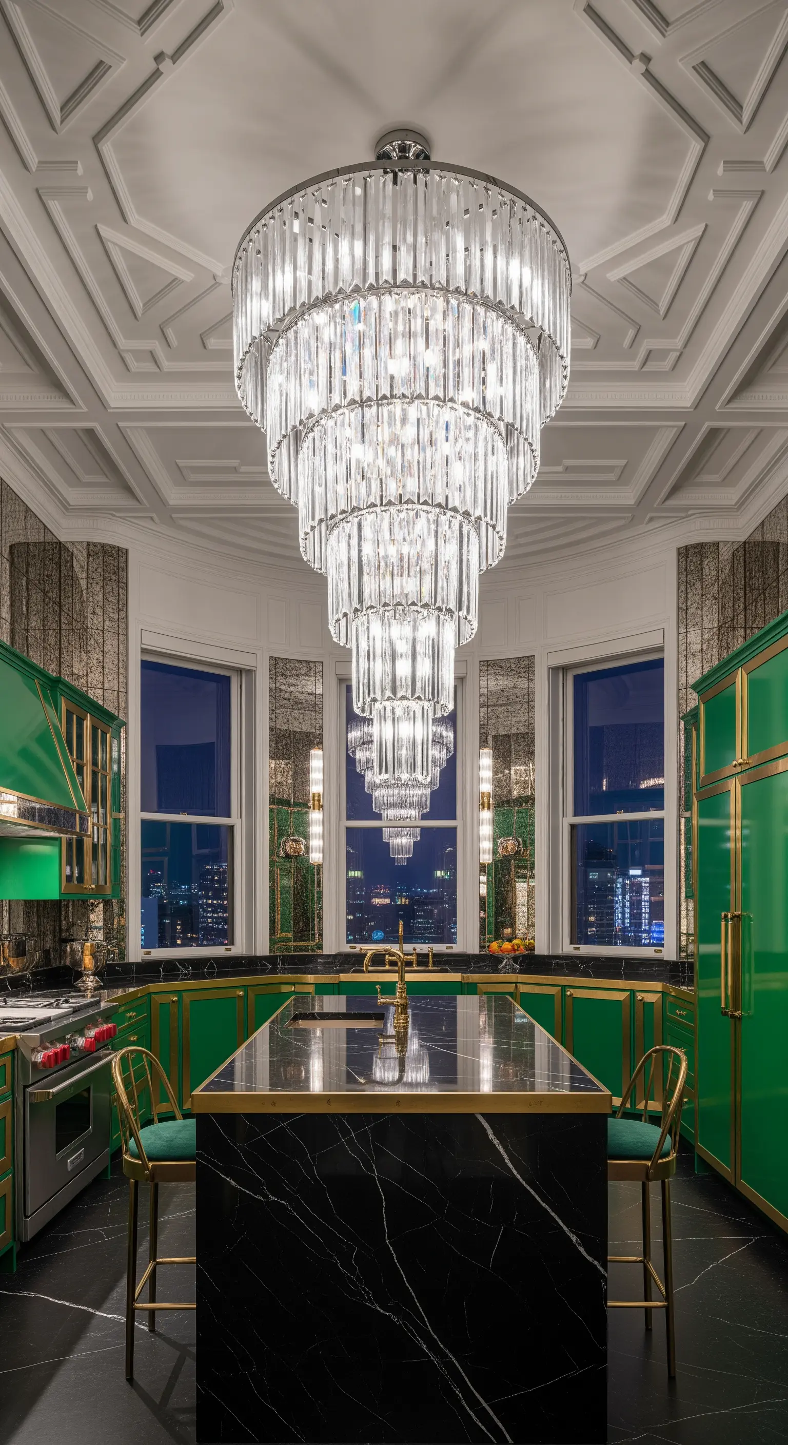 Cucina di lusso con mobili verde smeraldo, marmo nero e un imponente lampadario di cristallo