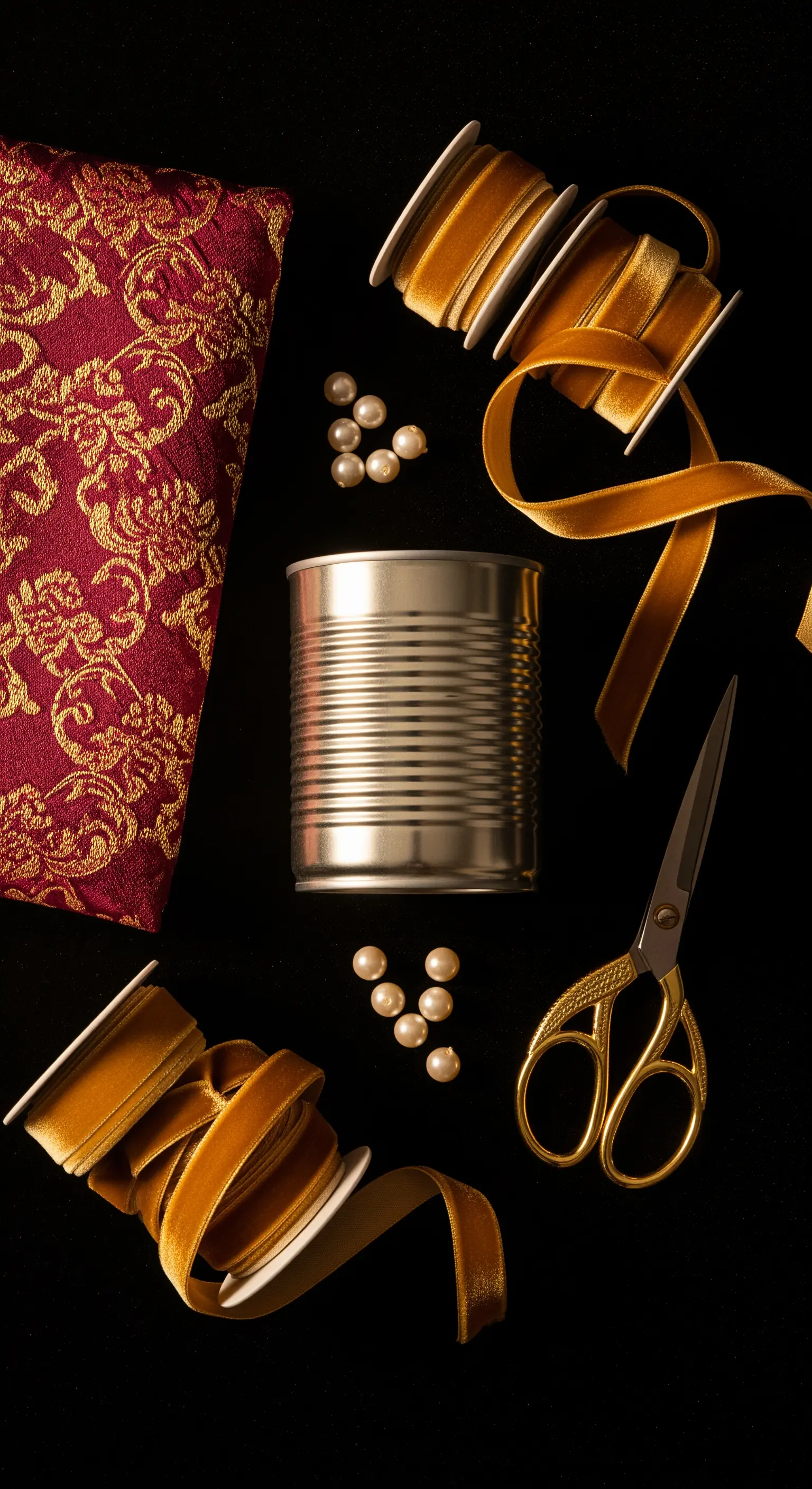 Materiali per un progetto di lusso: lattina, tessuto damascato, nastro di velluto dorato e perle.