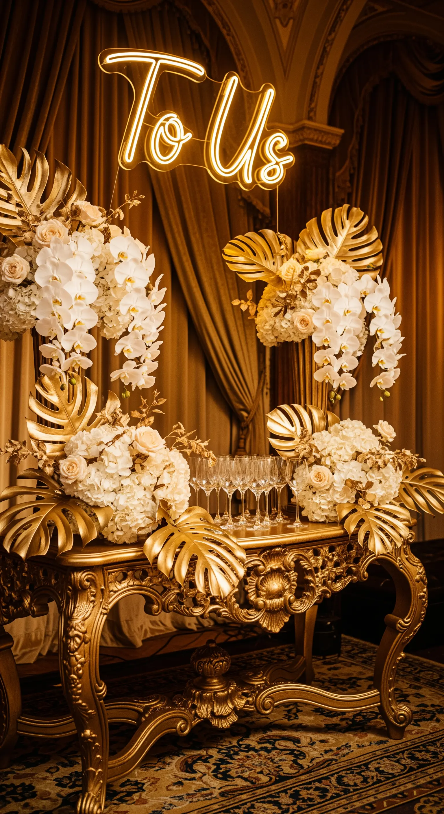 Tavolo barocco dorato con orchidee bianche, foglie dorate e insegna 