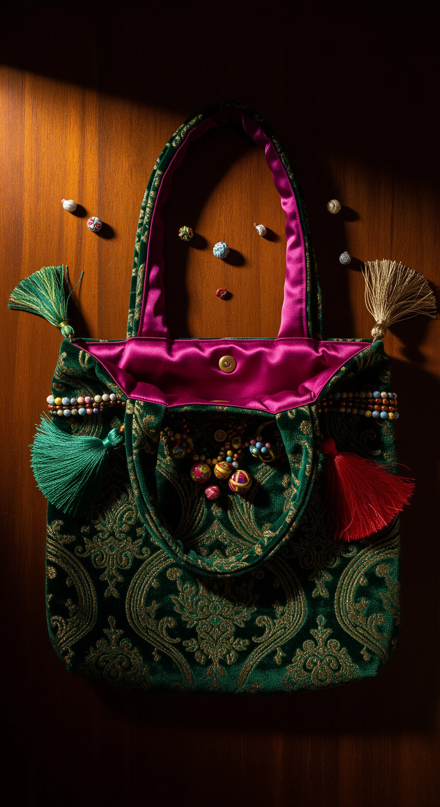 Borsa in velluto verde damascato con fodera in raso fucsia, nappe e perline.