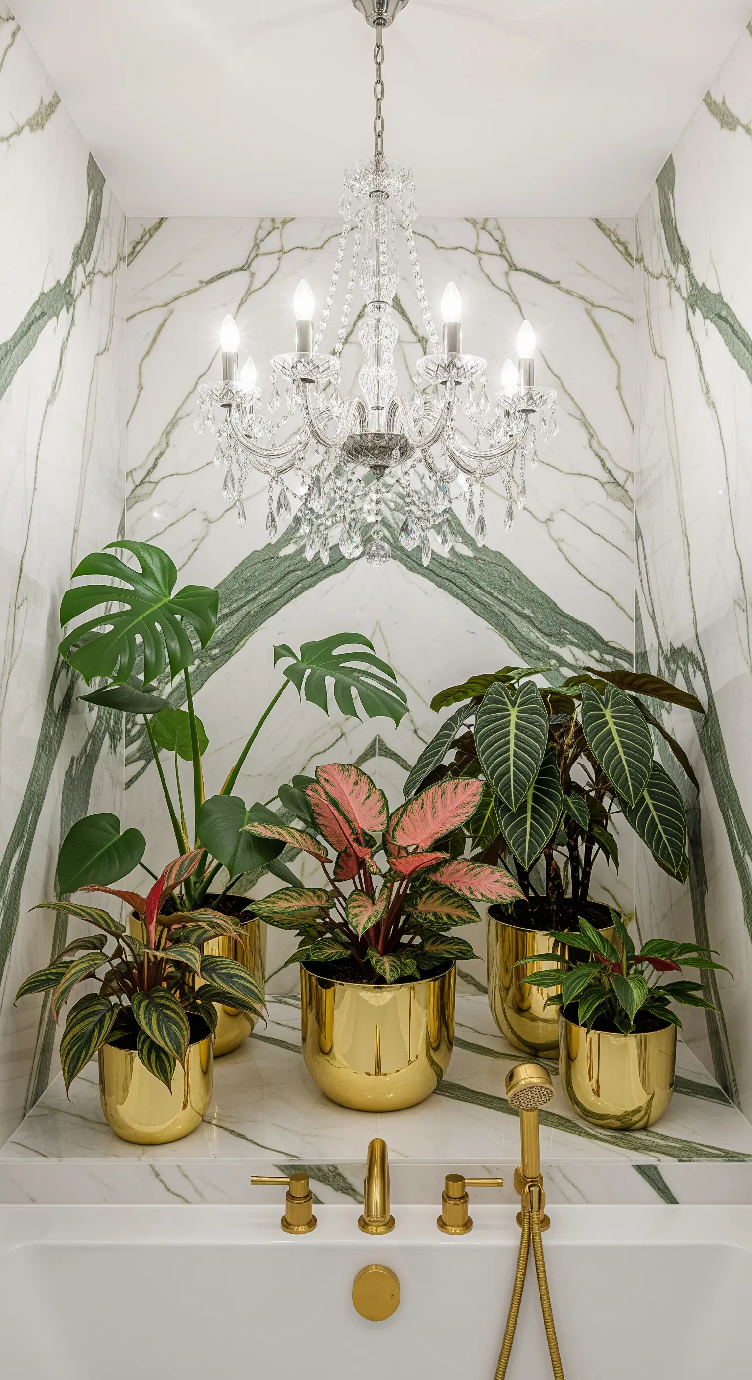 Piante tropicali in vasi dorati in una nicchia di marmo, sotto un lampadario di cristallo.