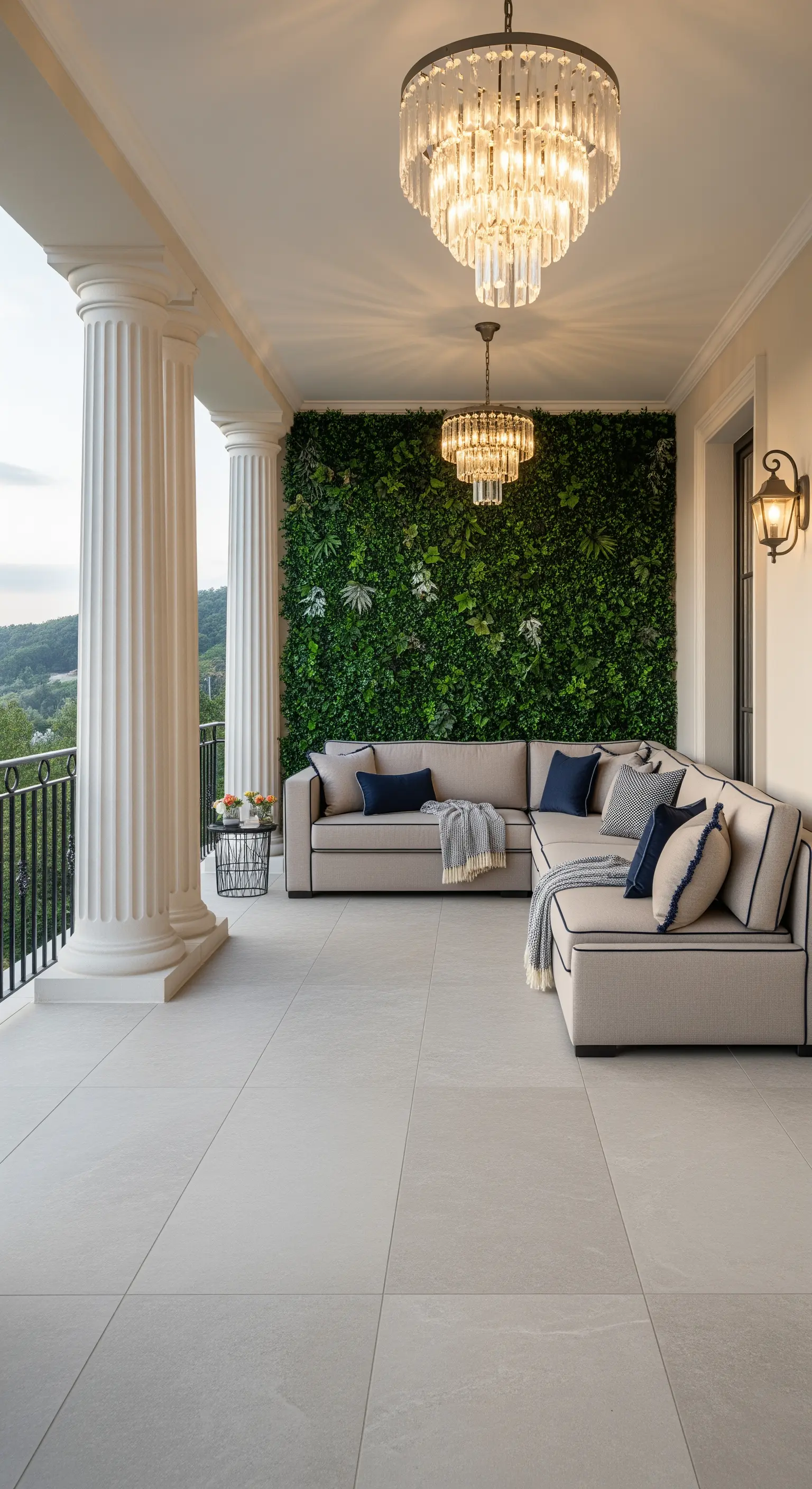 Grande terrazzo con colonne, un divano angolare beige e due lampadari di cristallo pendenti.
