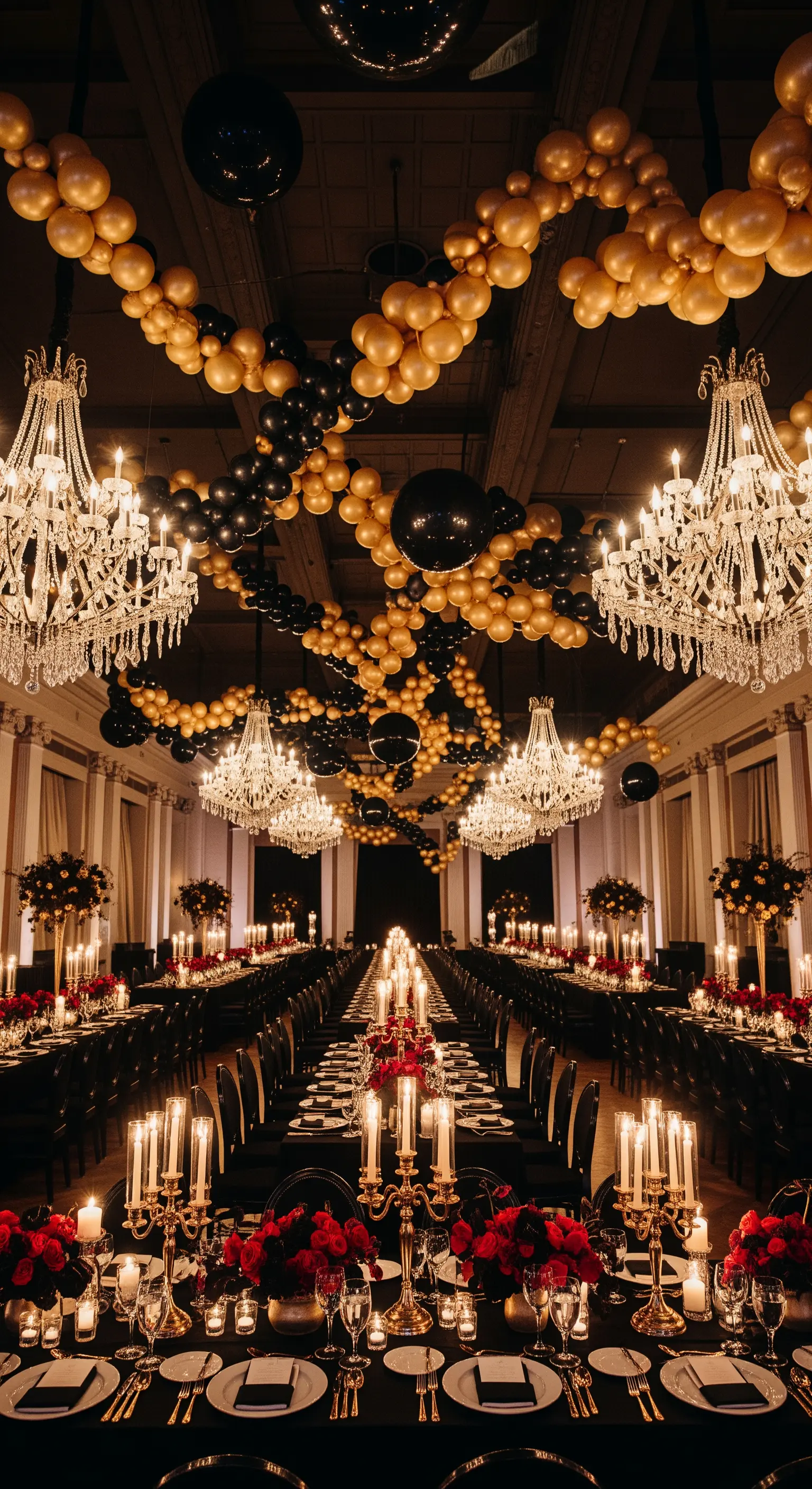 Sala da ballo con lampadari di cristallo, tavoli imperiali e ghirlande di palloncini.