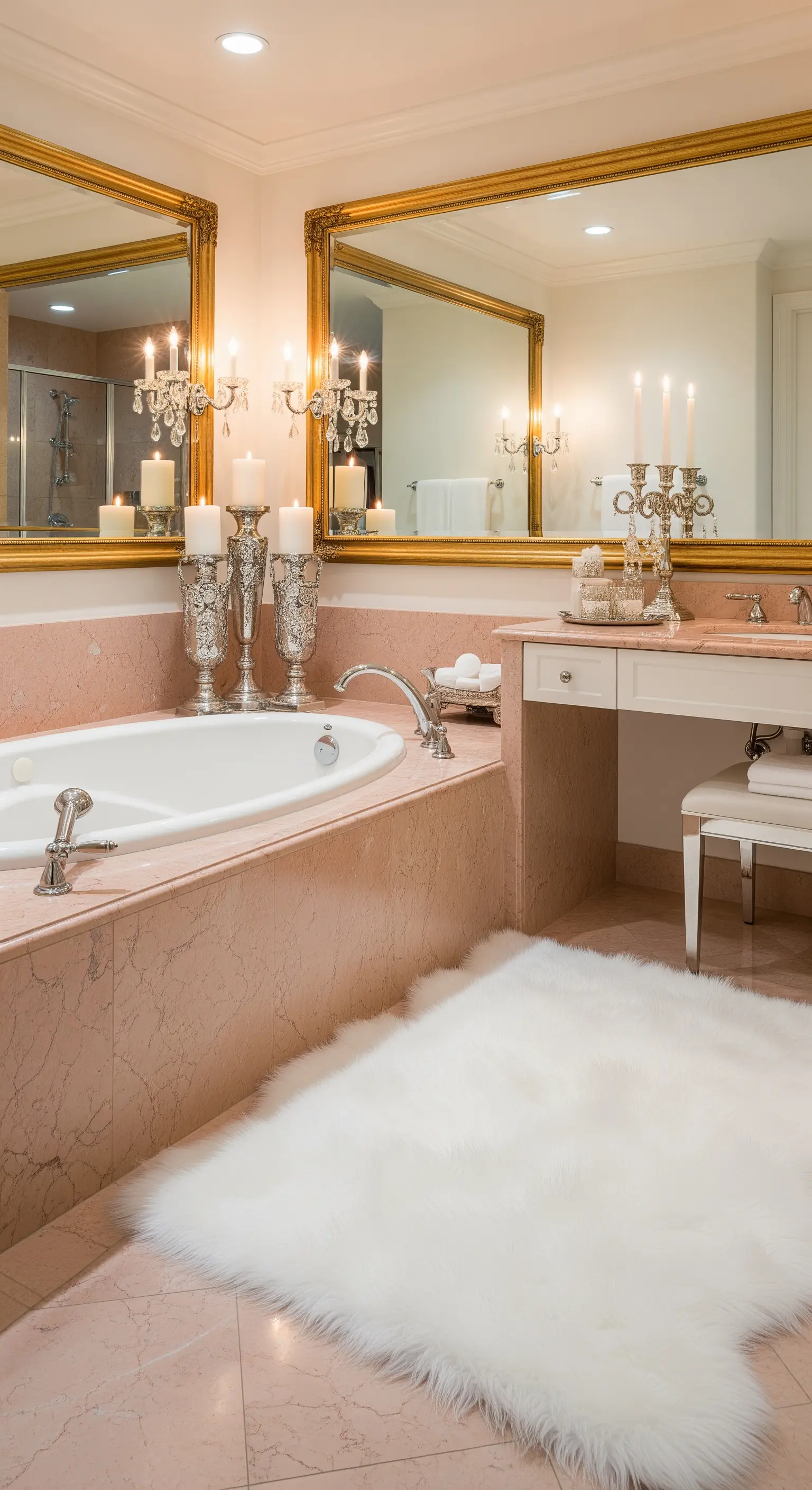 Bagno classico con marmo rosa, specchi con cornice dorata e tappeto bianco a pelo lungo.