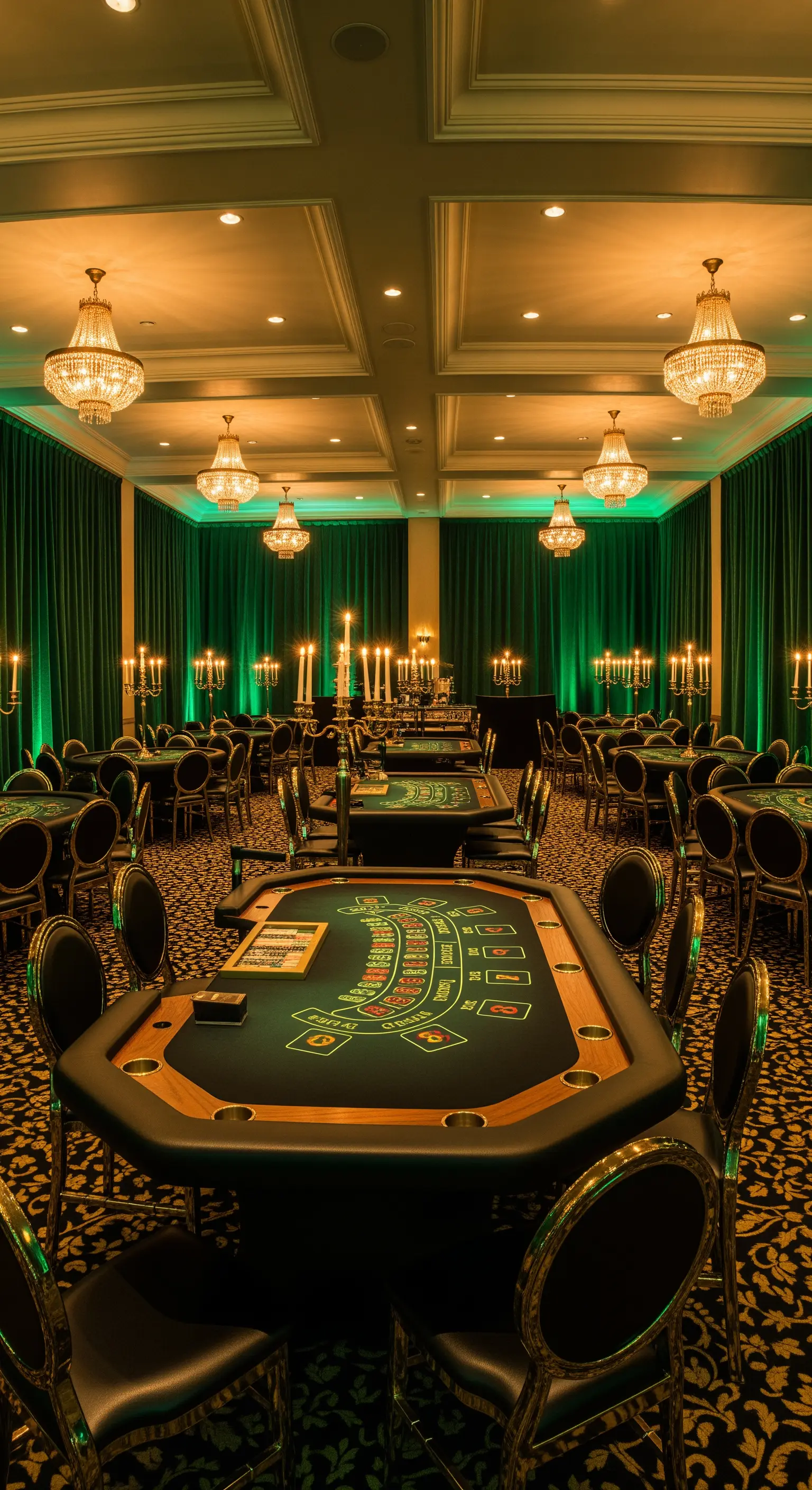 Sala da gioco elegante con tende di velluto verde, sedie dorate e grandi lampadari di cristallo.