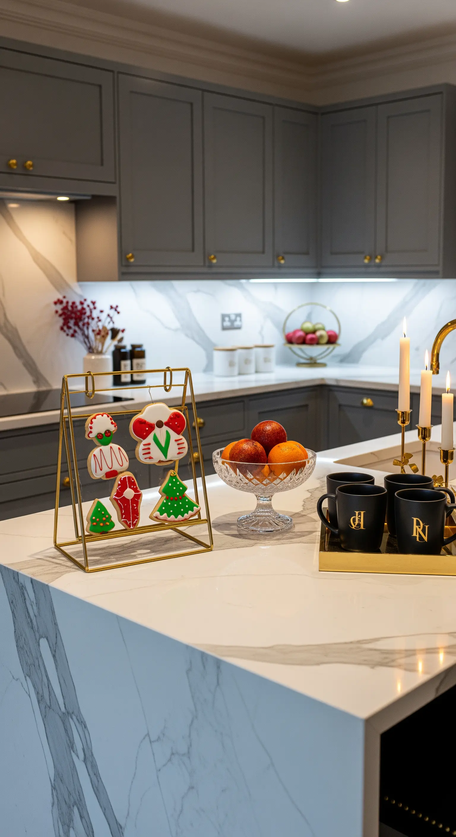 Isola in marmo in una cucina grigia con biscotti decorati su un'alzata dorata e tazze nere personalizzate.