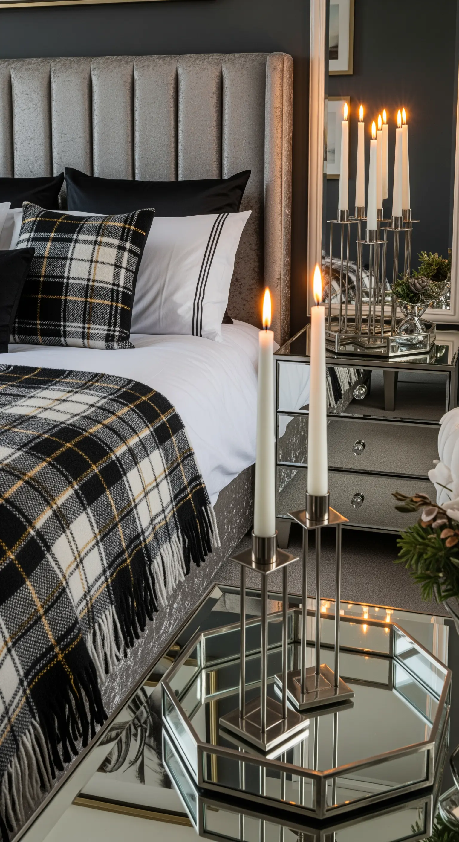 Letto di lusso con testiera in velluto, plaid scozzese e comodini a specchio con candelabri.