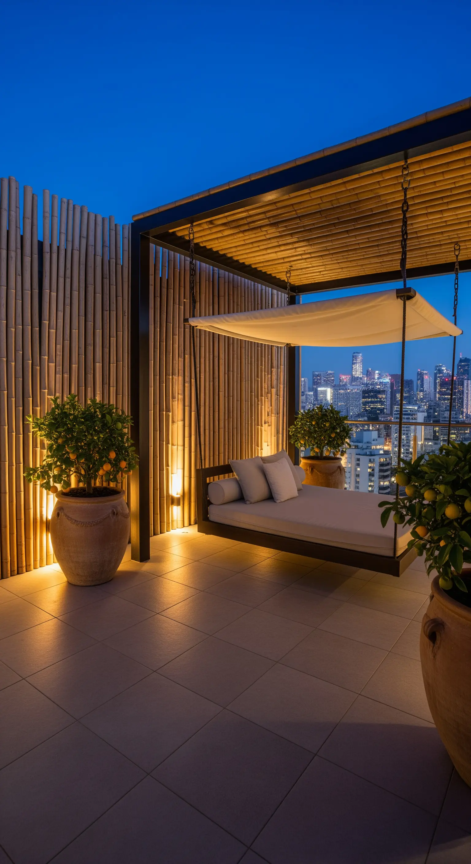 Terrazza di lusso con dondolo-daybed, pergola e illuminazione scenografica.