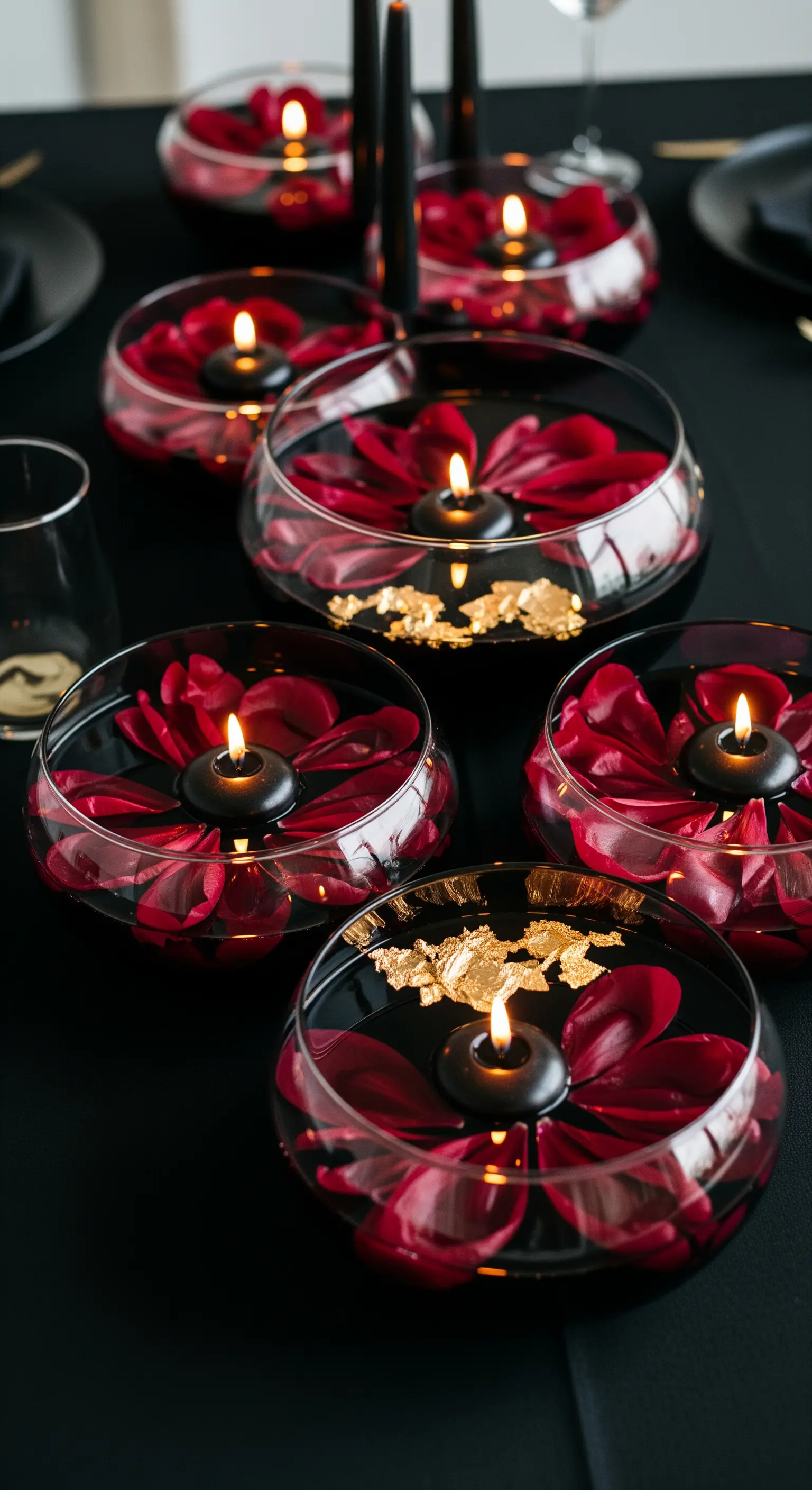 Ciotole di vetro con petali rossi, candele nere galleggianti e scaglie di foglia d'oro.