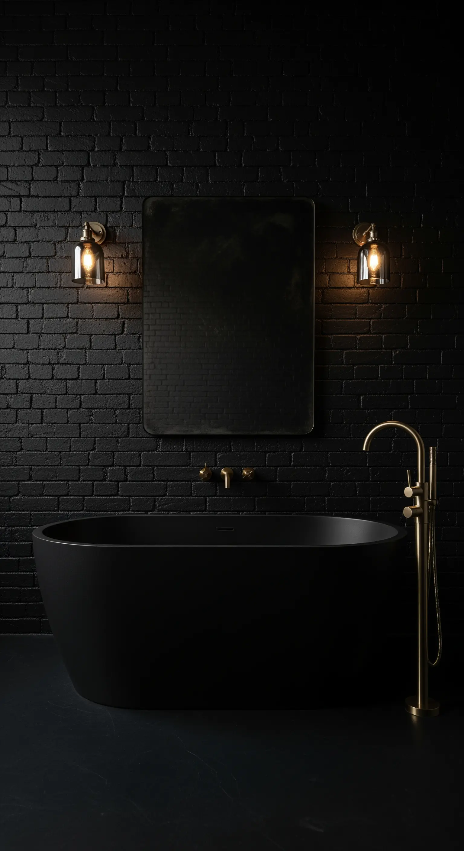 Bagno total black con vasca opaca, rubinetteria dorata e applique vintage.