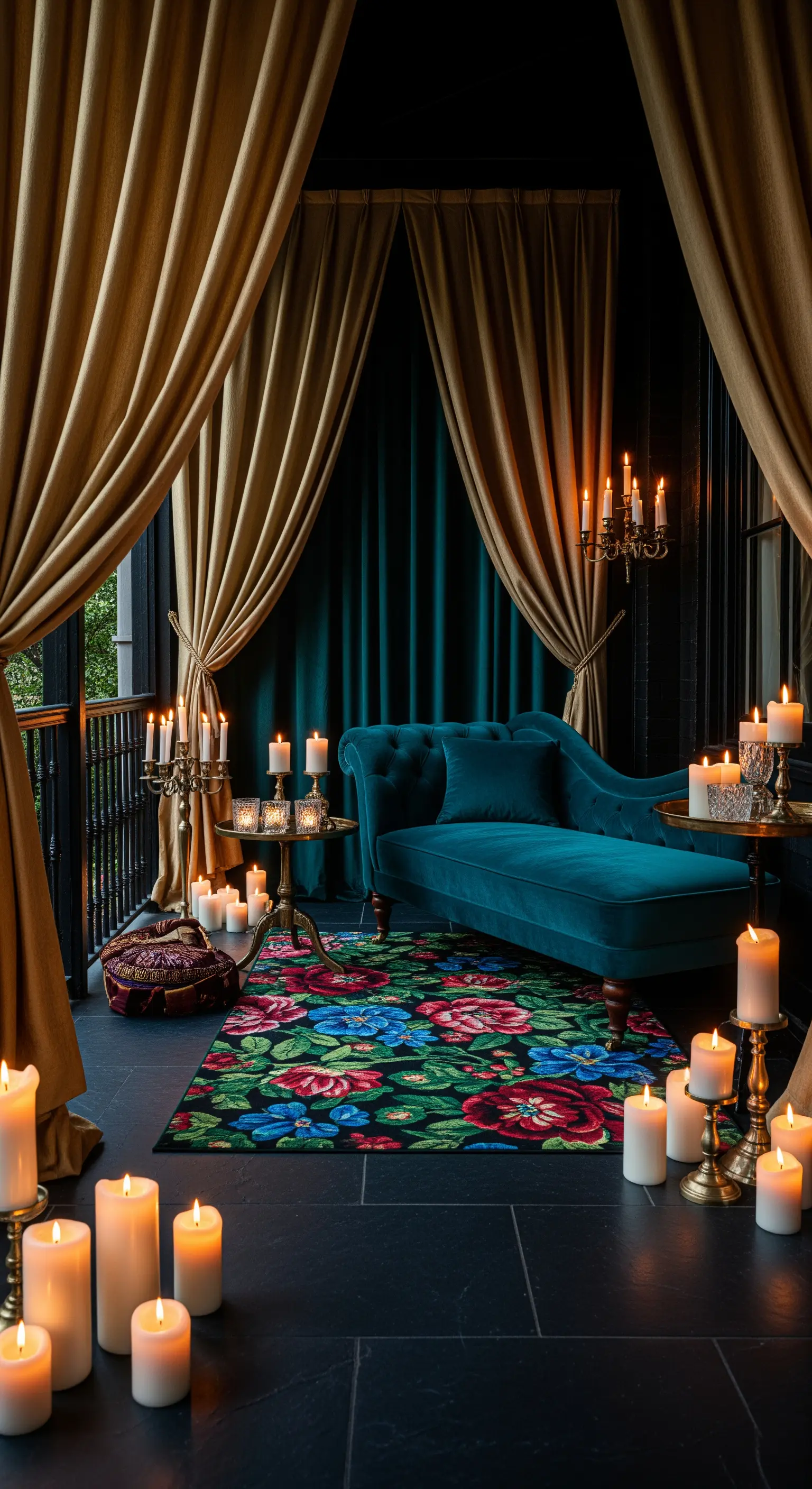 Balcone scuro e lussuoso con tende in velluto dorato e chaise longue color petrolio.