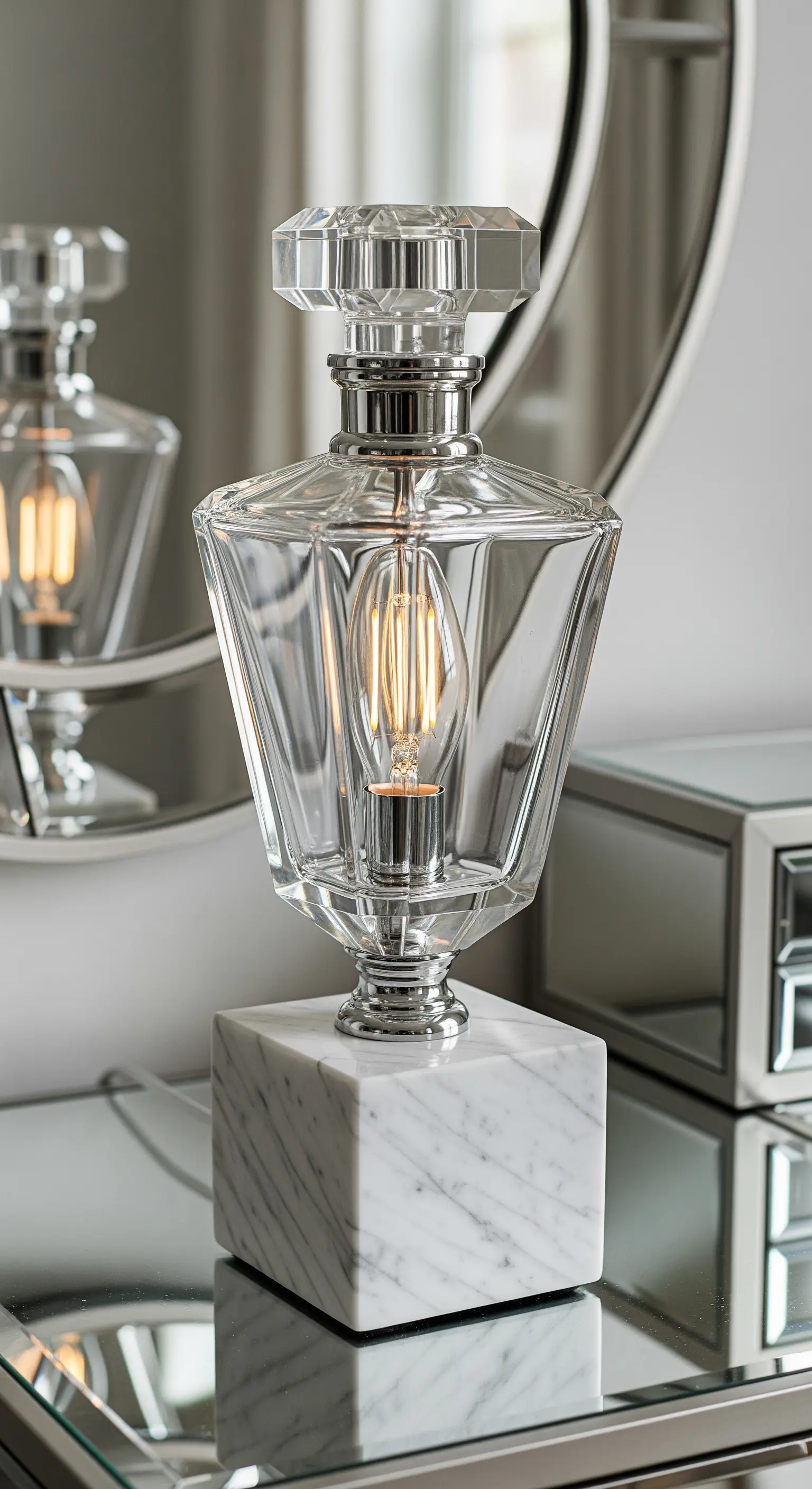 Lampada da toeletta creata con una bottiglia di profumo in cristallo su base di marmo.