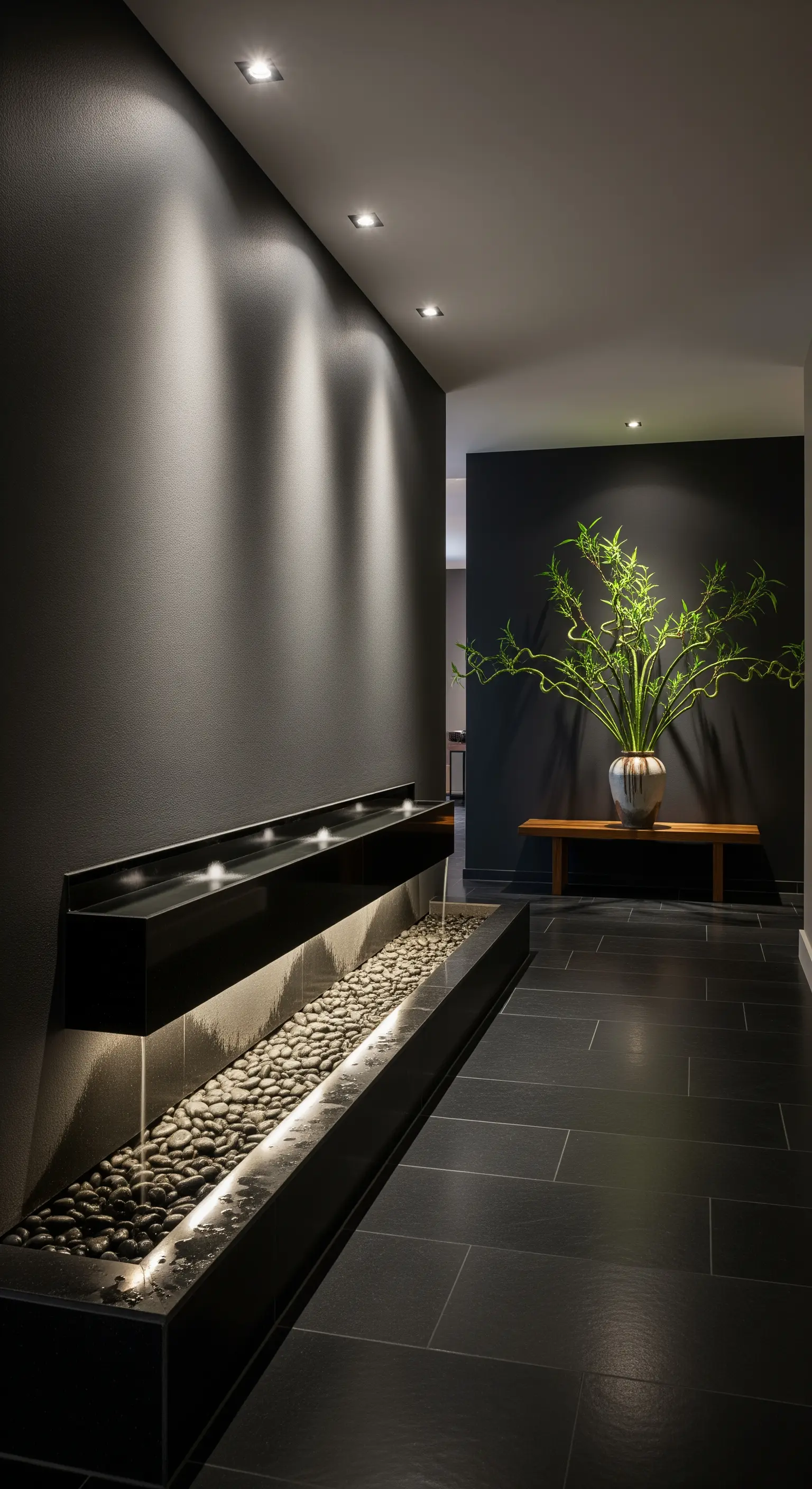 Ingresso buio con fontana a parete illuminata da faretti, pavimento in ardesia scura.