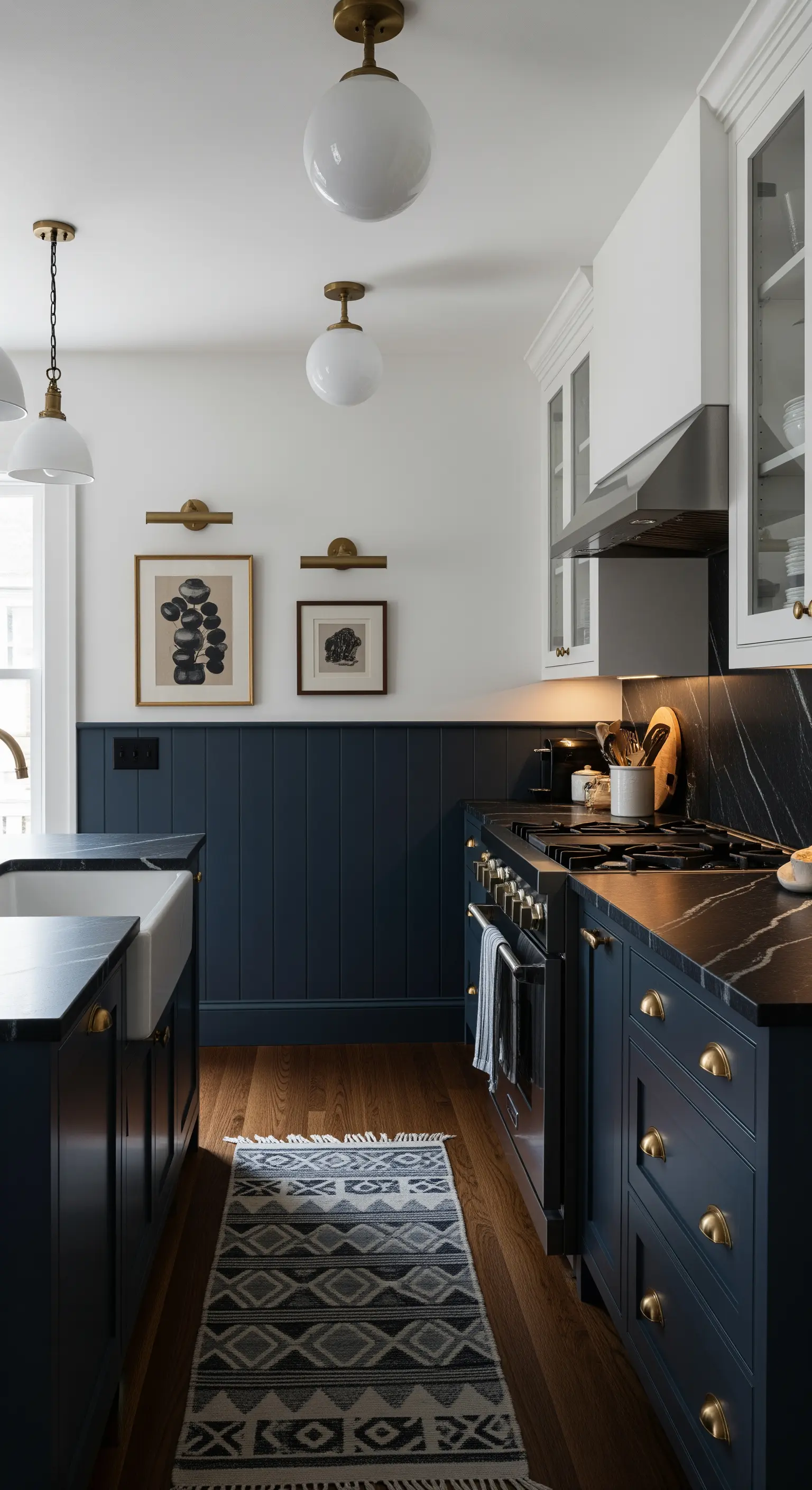 Cucina blu notte con boiserie coordinata e top in marmo nero.