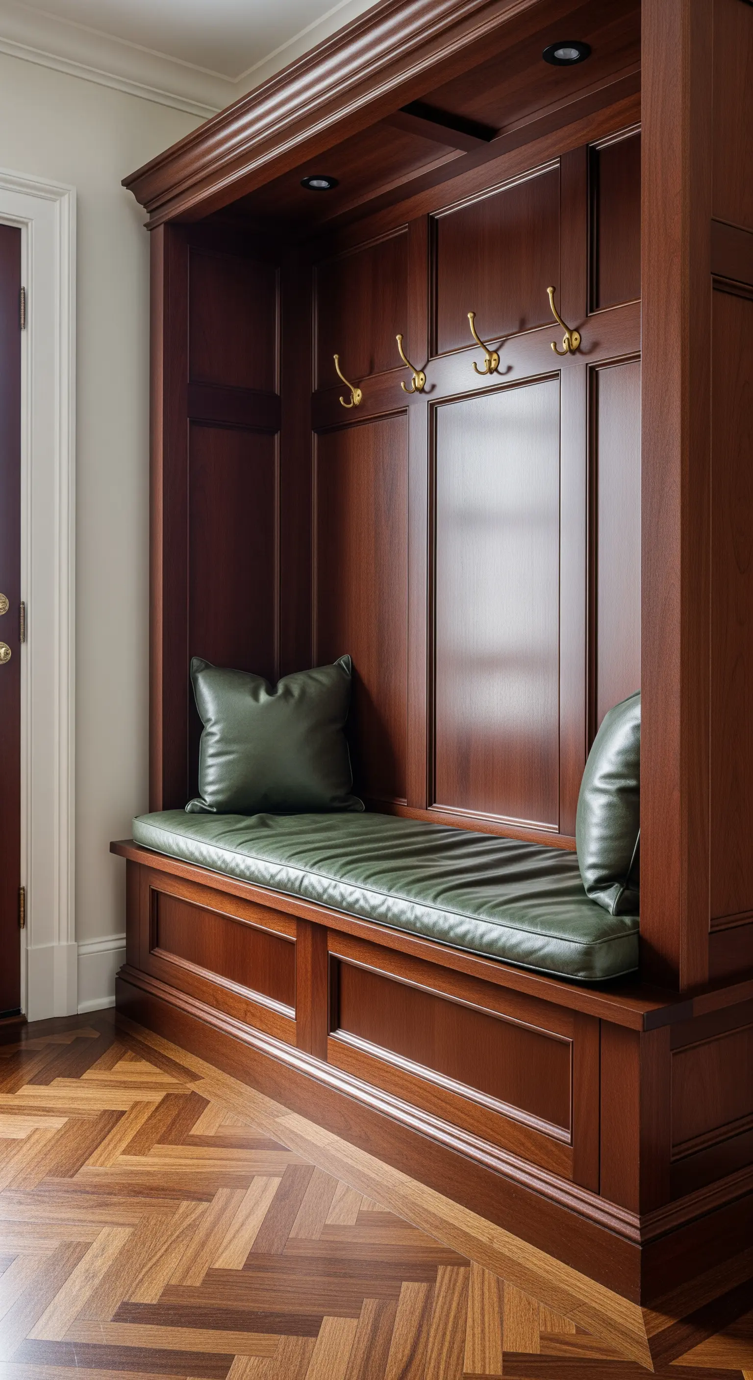 Ingresso su misura in legno di mogano con cuscini in pelle verde scuro e pavimento a spina di pesce.