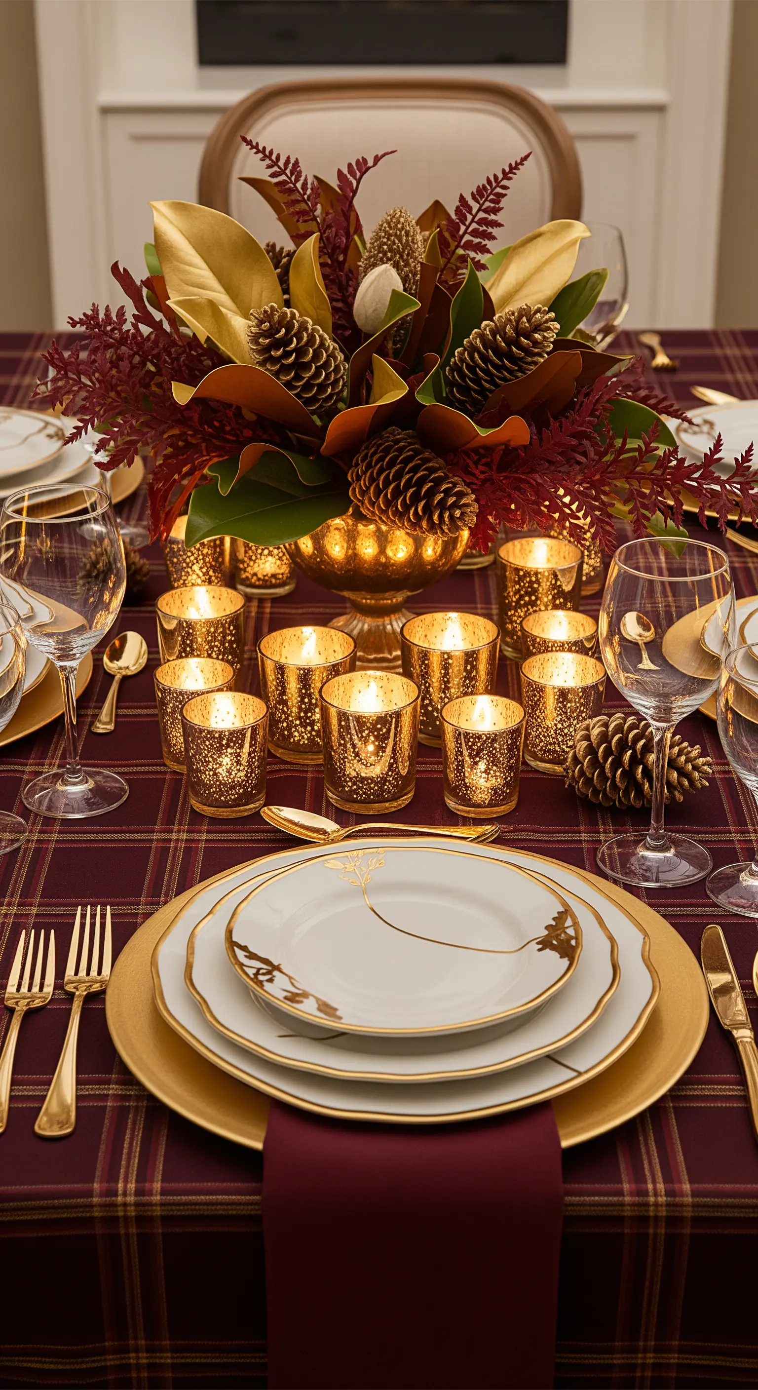 Tavola glamour con tovaglia tartan bordeaux, piatti con bordo oro e tanti portacandele dorati.